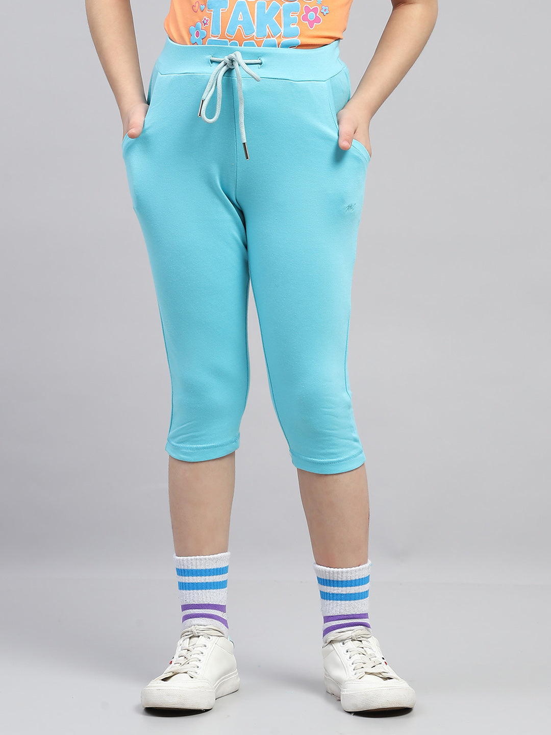 Girls Turquoise Blue Solid Regular Fit Capri