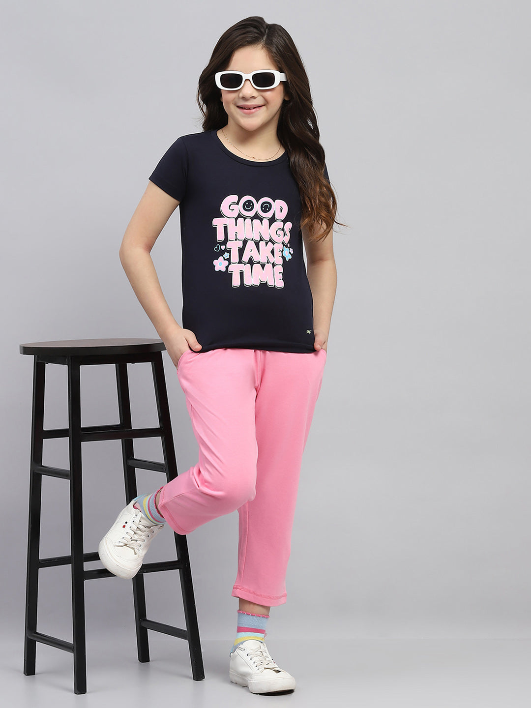 Girls Pink Solid Regular Fit Capri