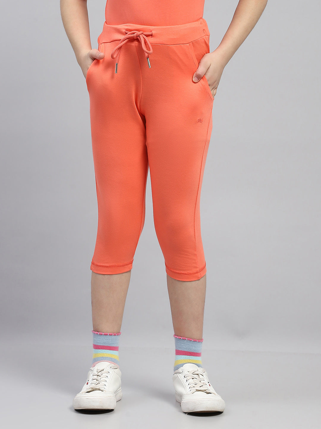 Girls Orange Solid Regular Fit Capri