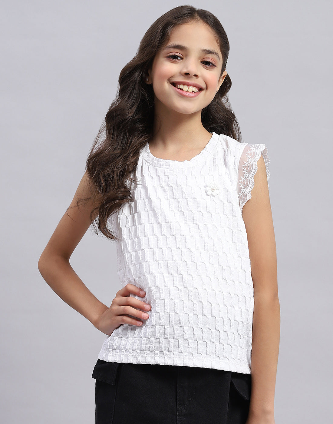 Girls White Self Design Round Neck Half Sleeve Top