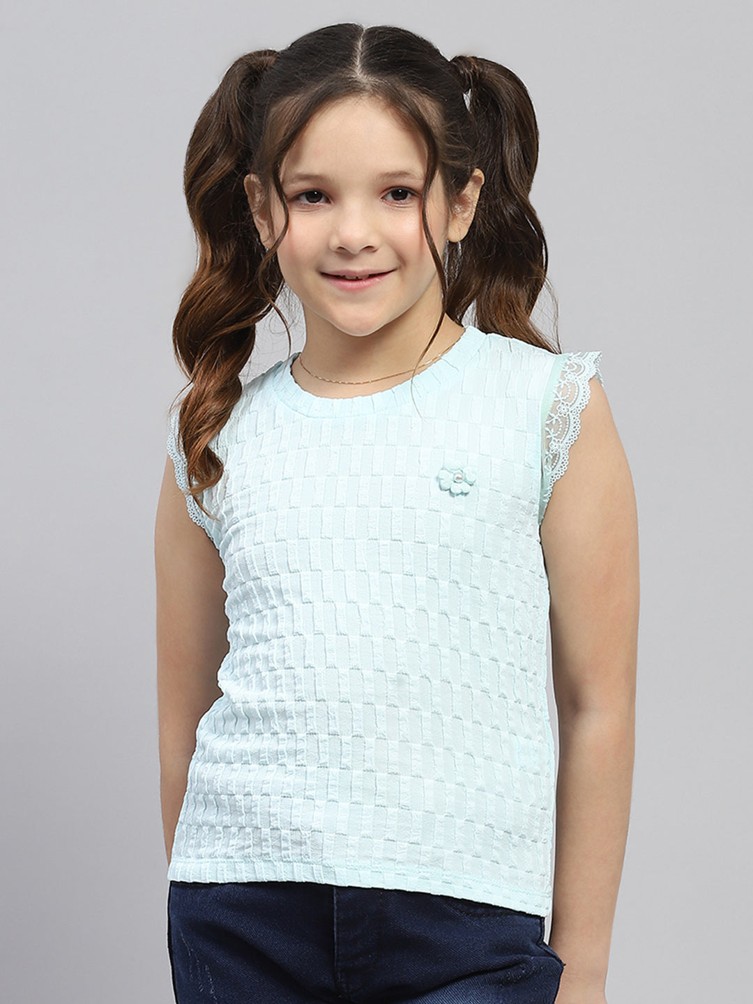 Girls Blue Self Design Round Neck Sleeveless Top