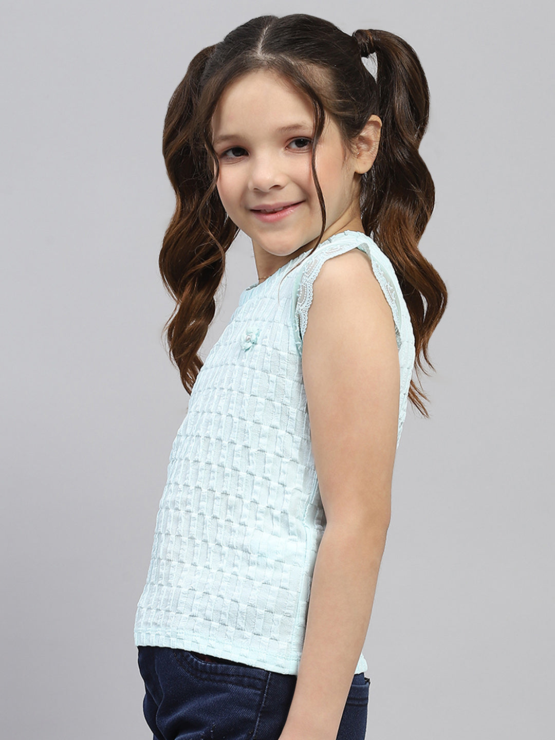 Girls Blue Self Design Round Neck Sleeveless Top