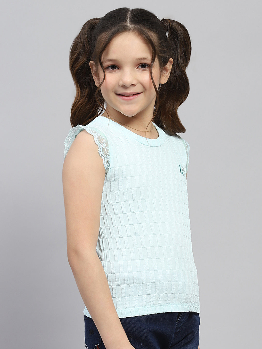 Girls Blue Self Design Round Neck Sleeveless Top