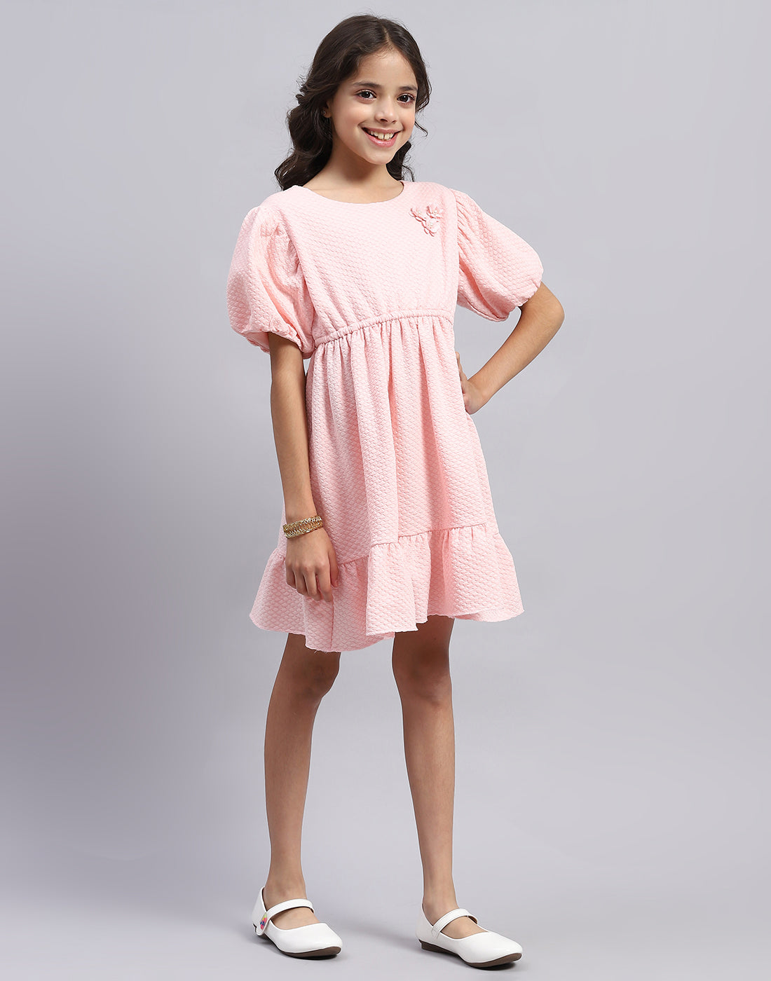 Girls Pink Self Design Round Neck Half Sleeve Dress