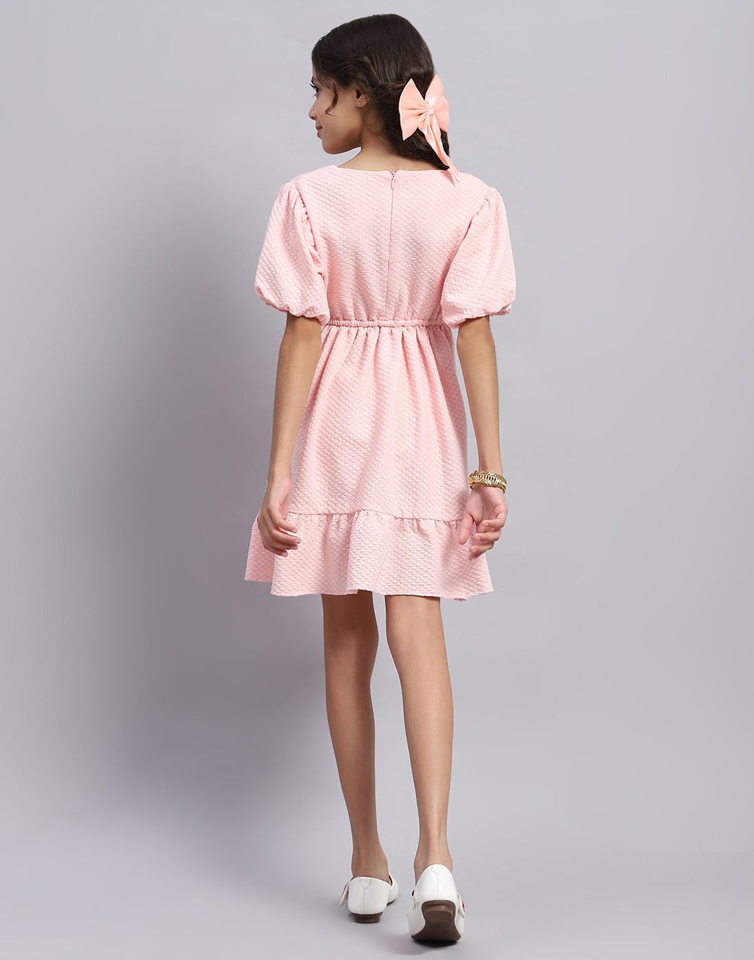 Girls Pink Self Design Round Neck Half Sleeve Dress