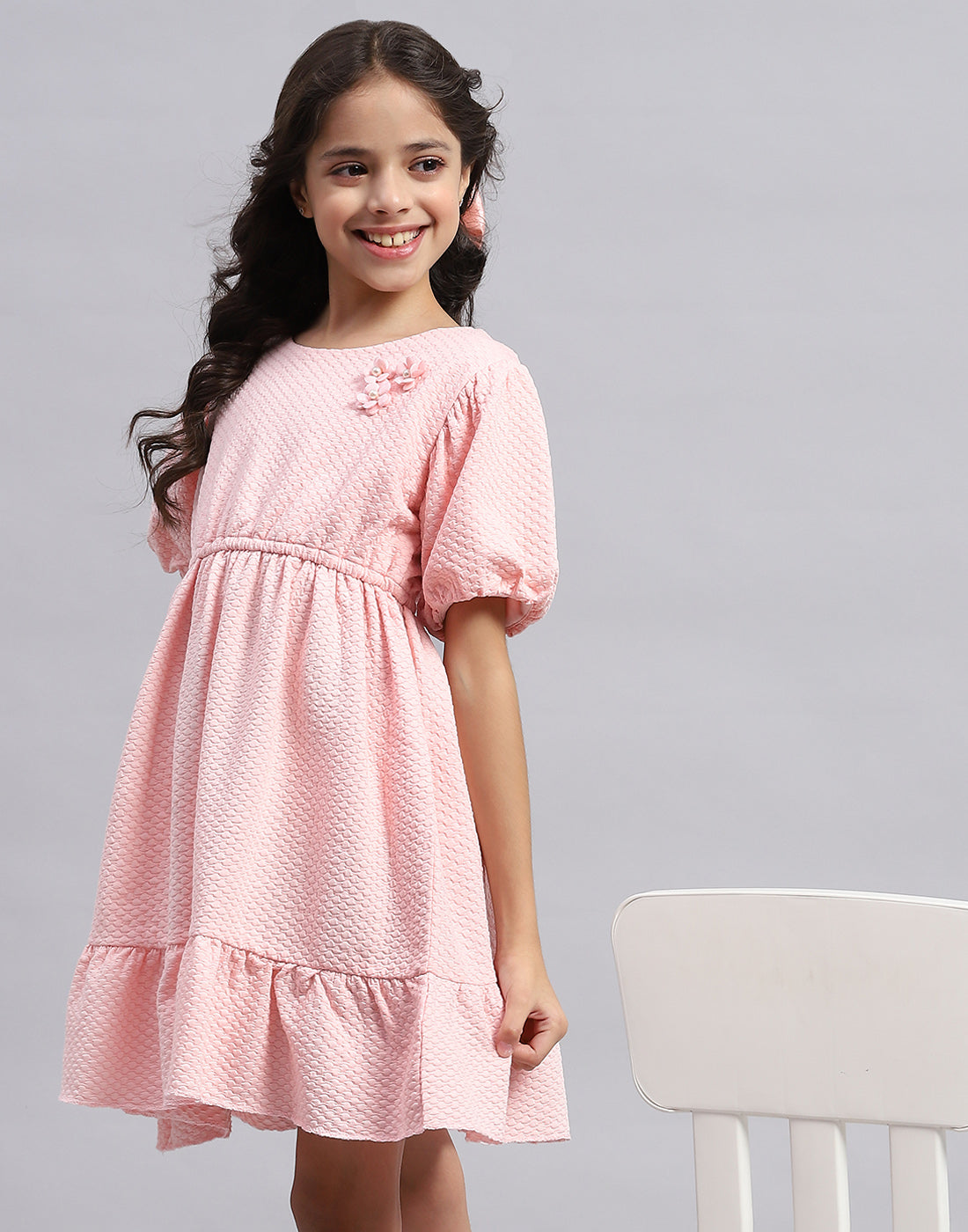 Girls Pink Self Design Round Neck Half Sleeve Dress