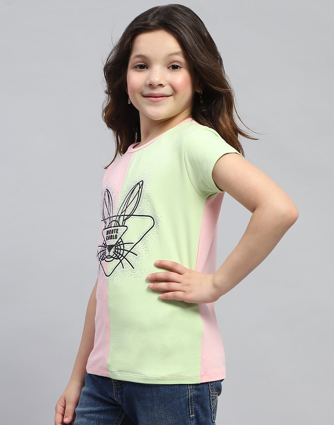 Girls Peach & Green Printed Round Neck Half Sleeve Top