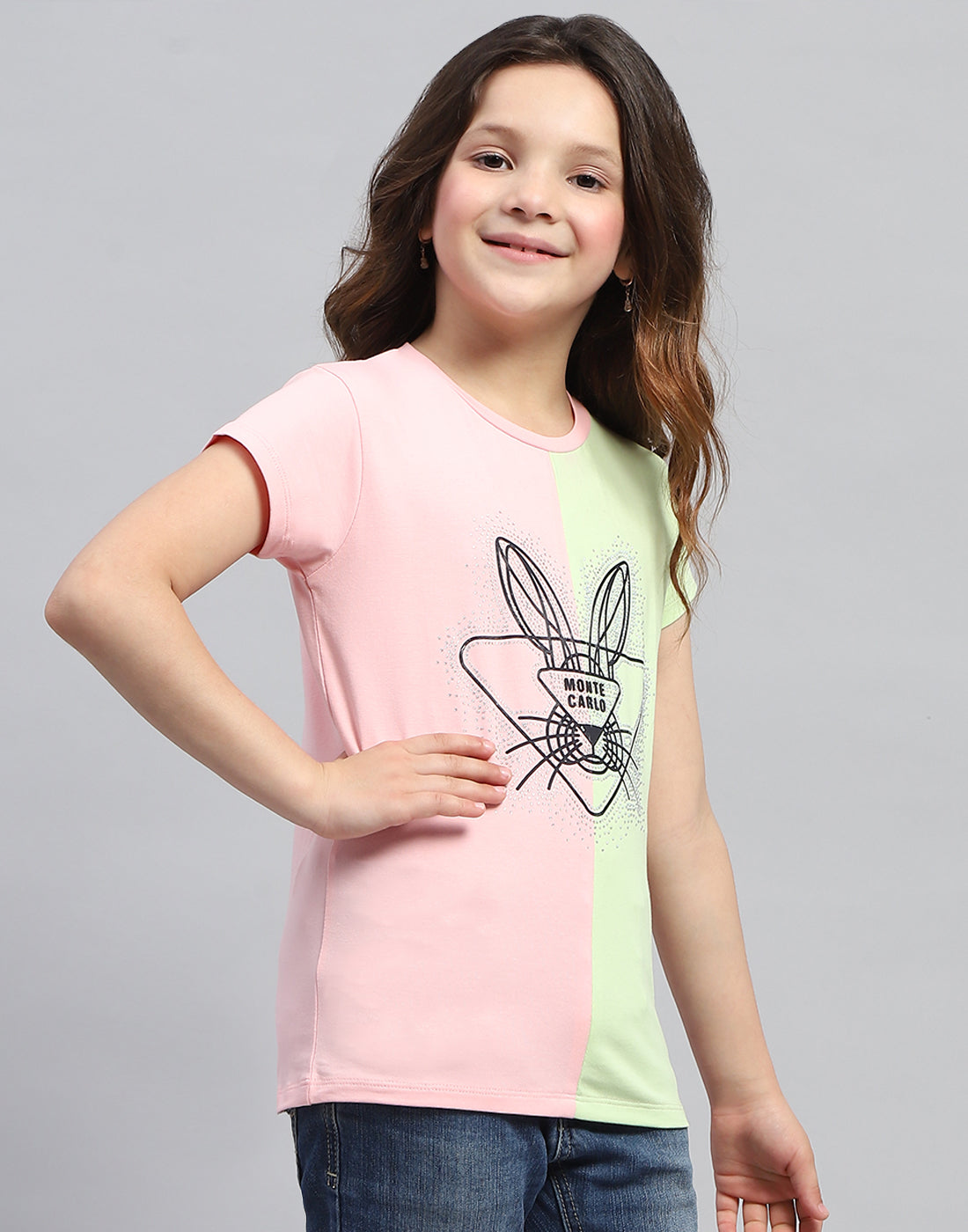 Girls Peach & Green Printed Round Neck Half Sleeve Top