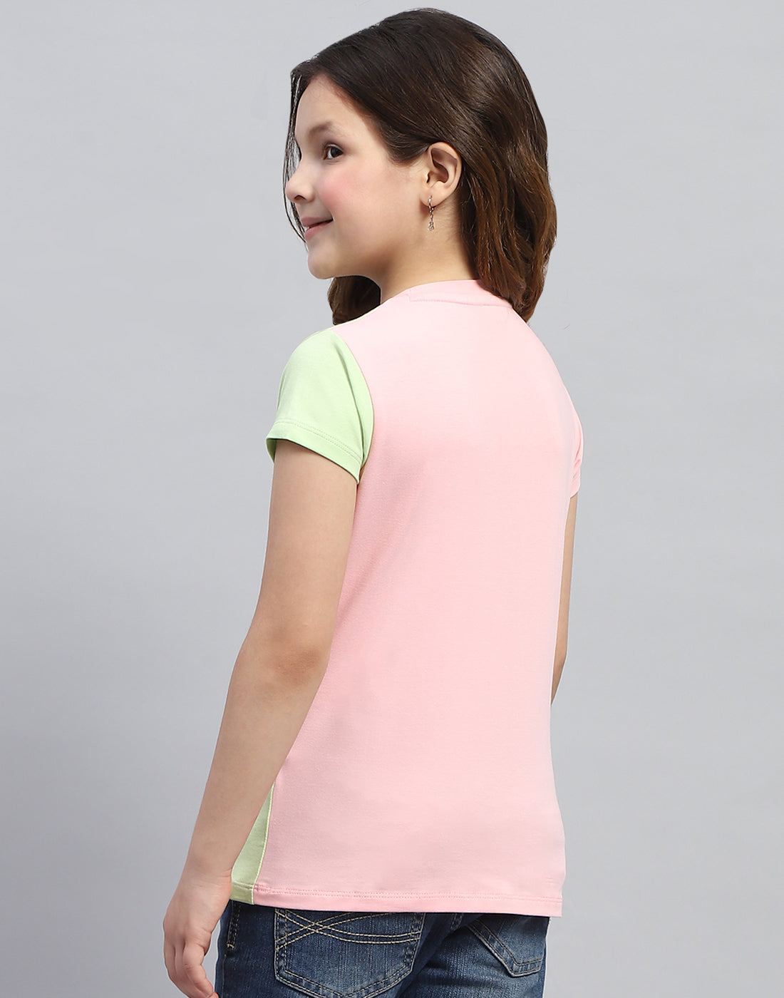 Girls Peach & Green Printed Round Neck Half Sleeve Top