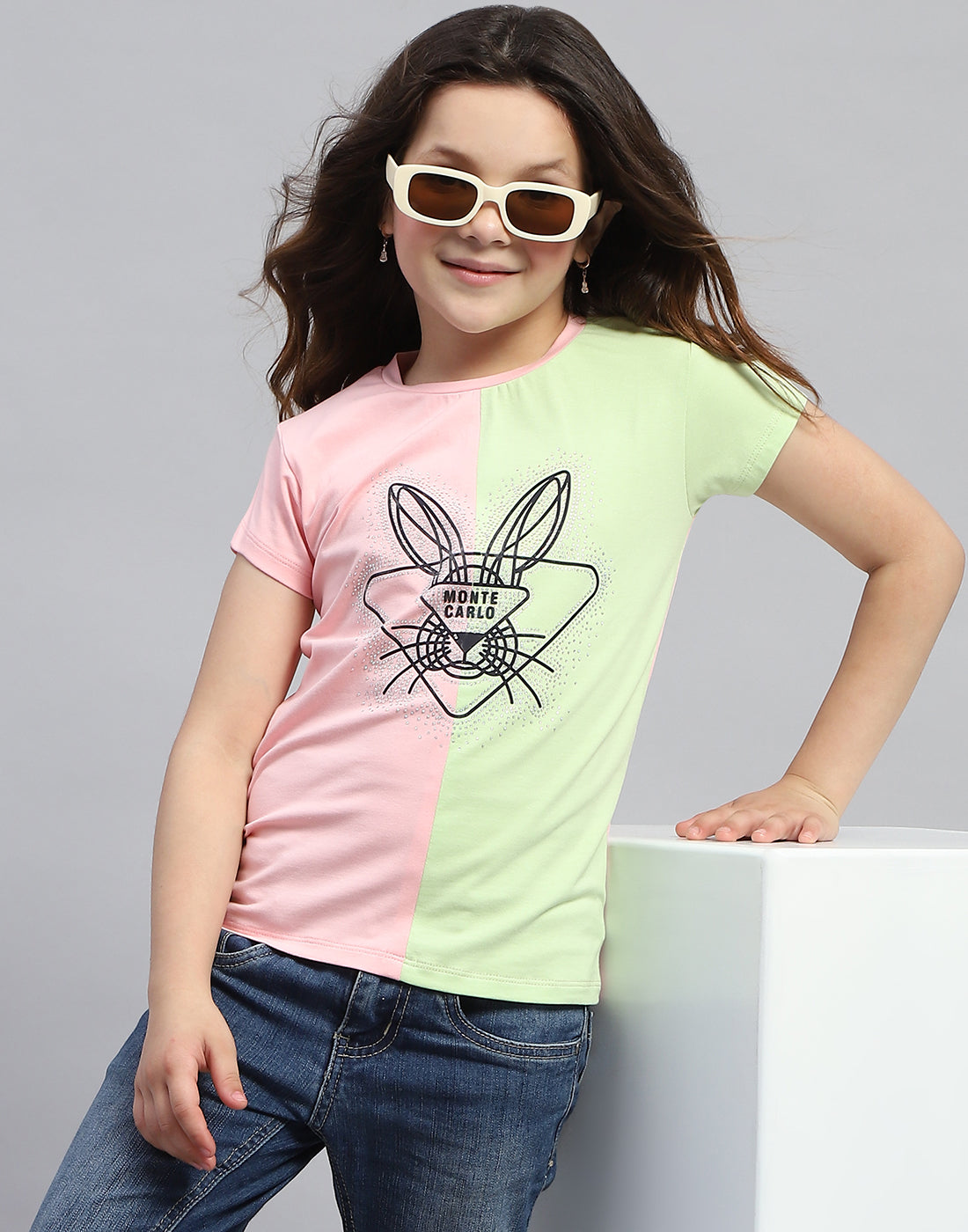 Girls Peach & Green Printed Round Neck Half Sleeve Top