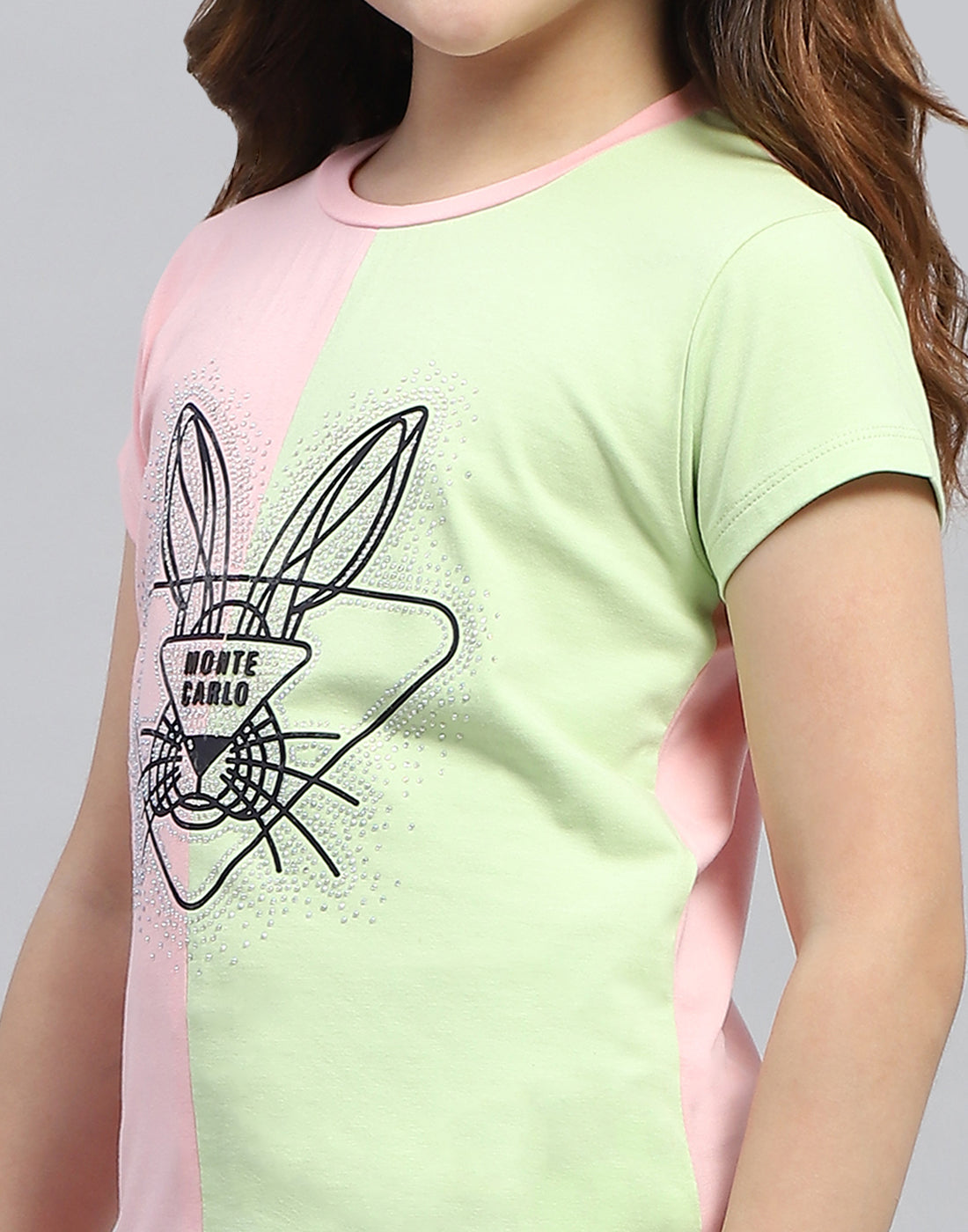 Girls Peach & Green Printed Round Neck Half Sleeve Top