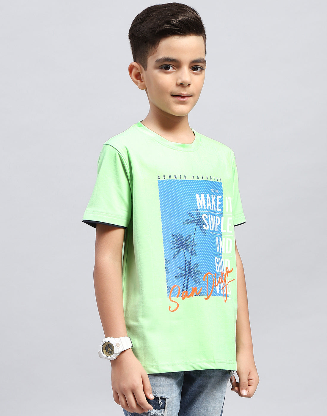 Boys Green Printed Round Neck Half Sleeve T-Shirt