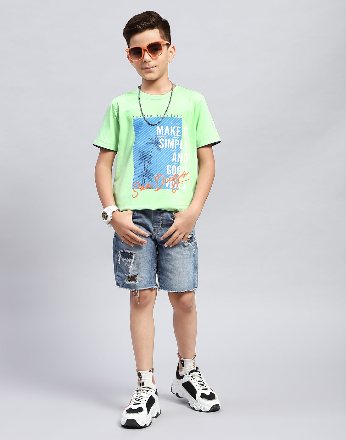 Boys Green Printed Round Neck Half Sleeve T-Shirt