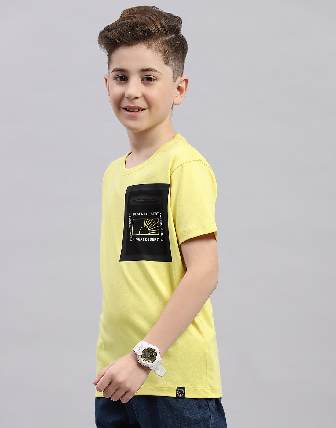 Boys Yellow Printed Round Neck Half Sleeve T-Shirt