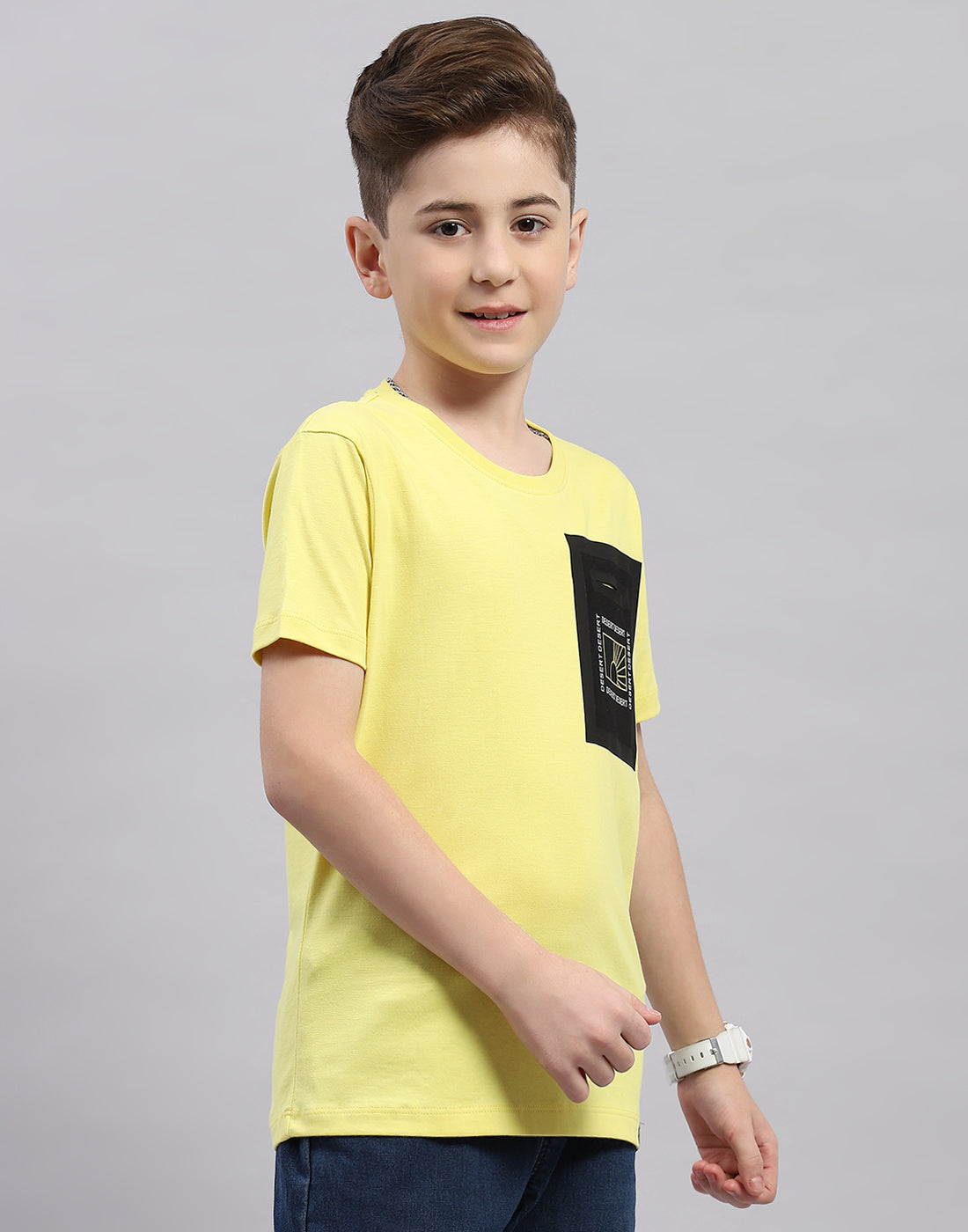 Boys Yellow Printed Round Neck Half Sleeve T-Shirt