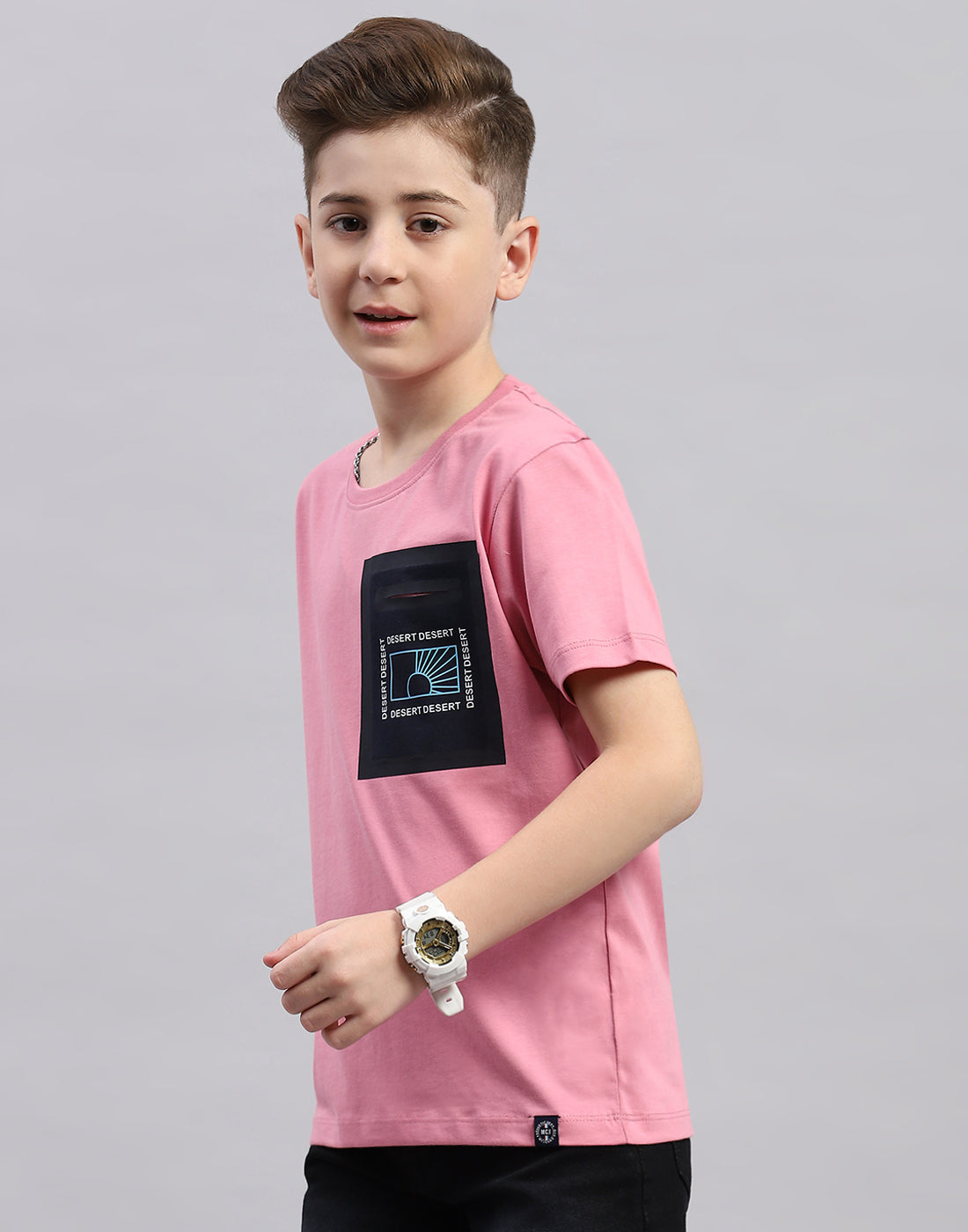 Boys Pink Printed Round Neck Half Sleeve T-Shirt