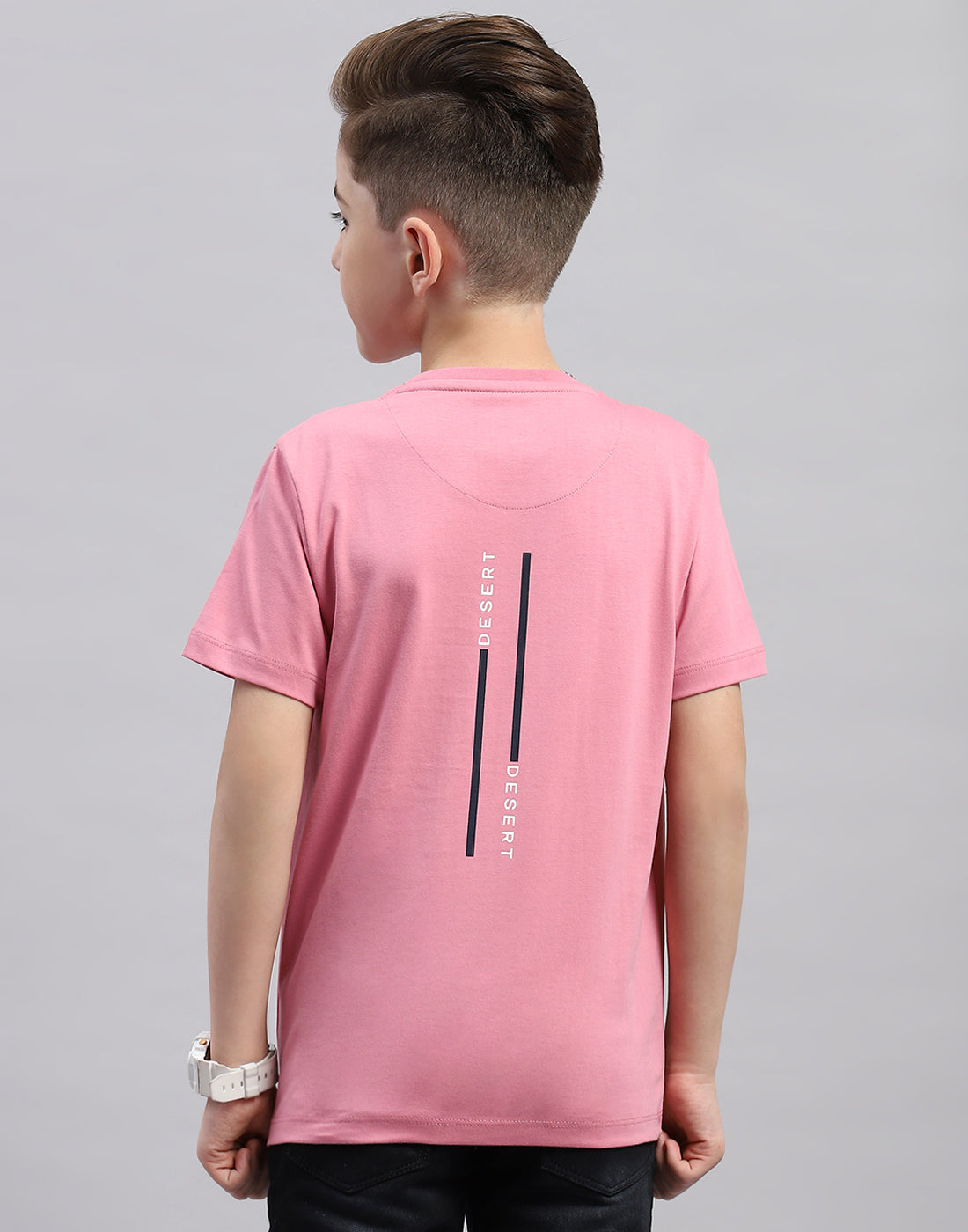 Boys Pink Printed Round Neck Half Sleeve T-Shirt