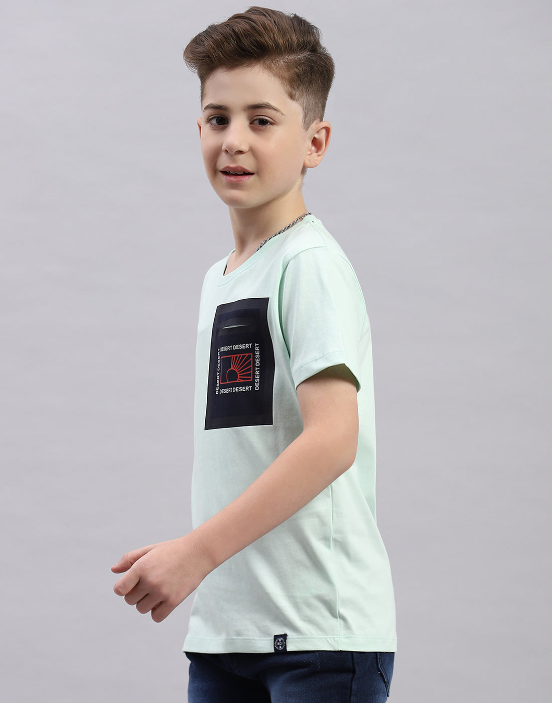 Boys Aqua Blue Printed Round Neck Half Sleeve T-Shirt