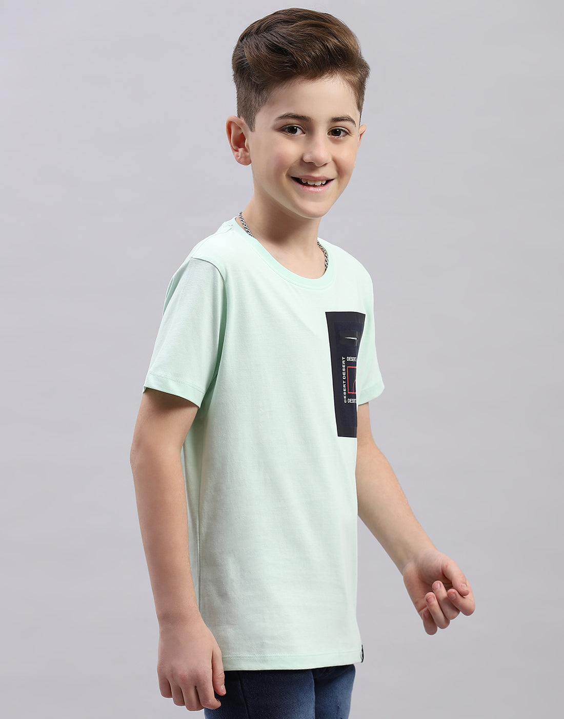 Boys Aqua Blue Printed Round Neck Half Sleeve T-Shirt