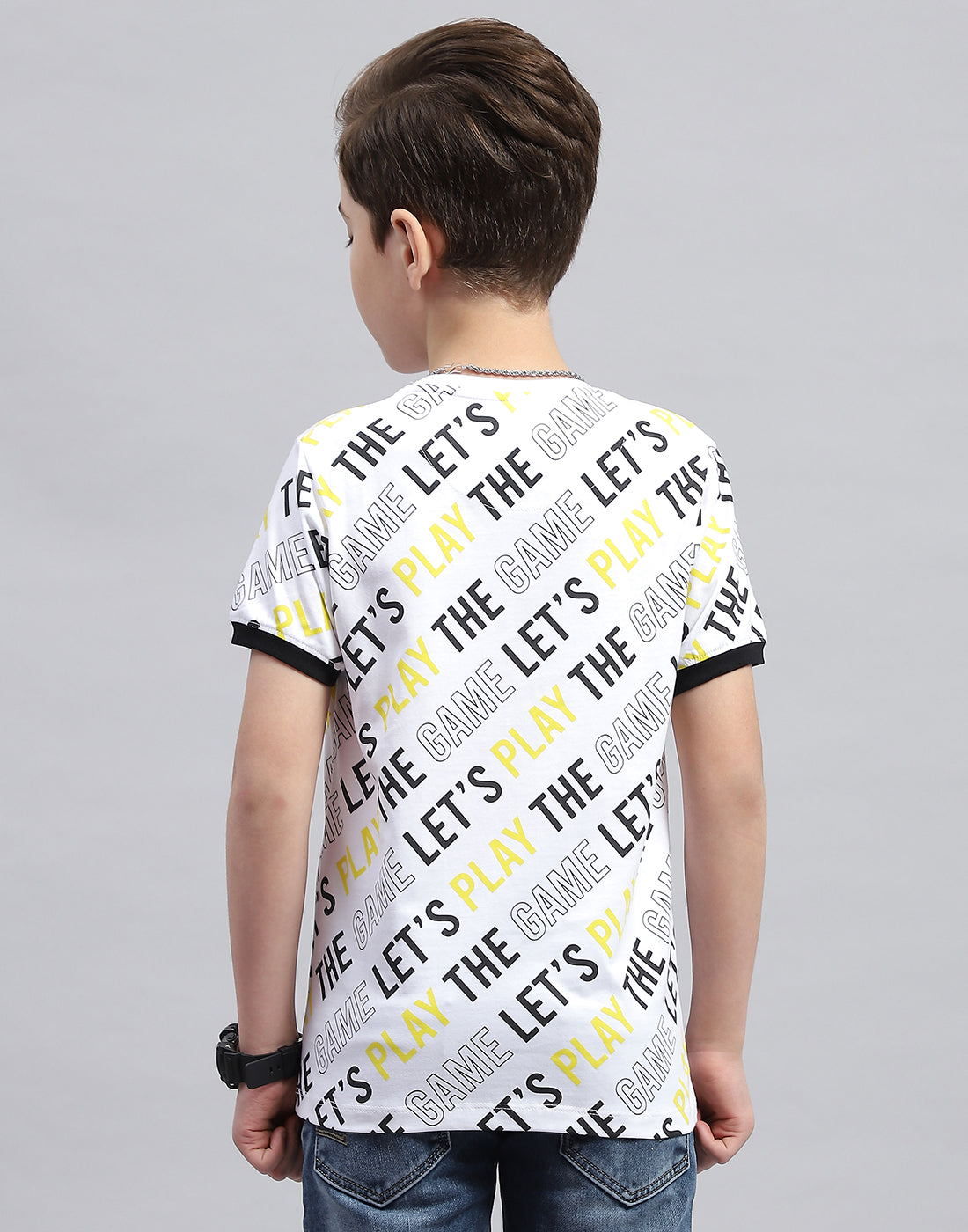 Boys White Printed Round Neck Half Sleeve T-Shirt