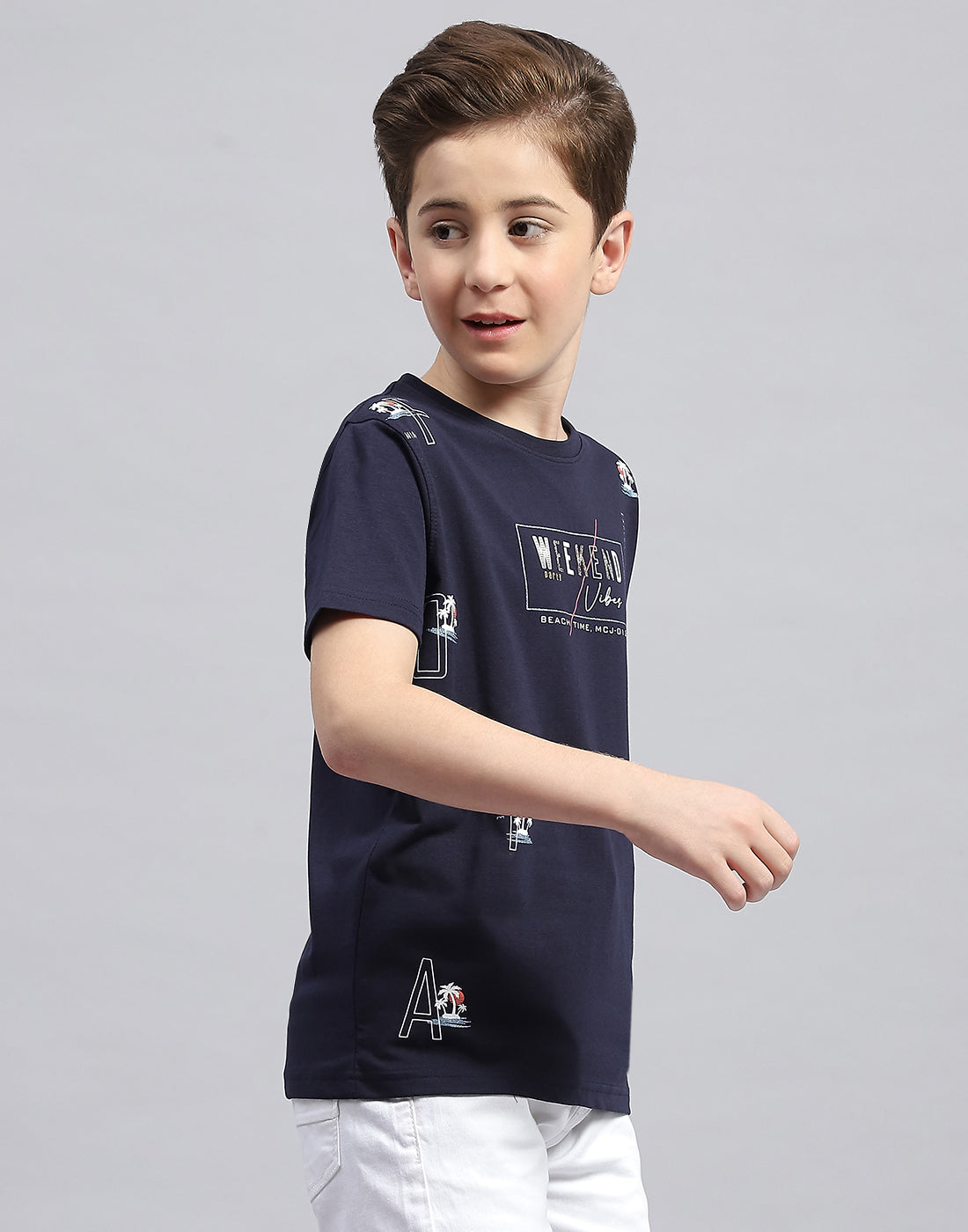 Boys Navy Blue Printed Round Neck Half Sleeve T-Shirt