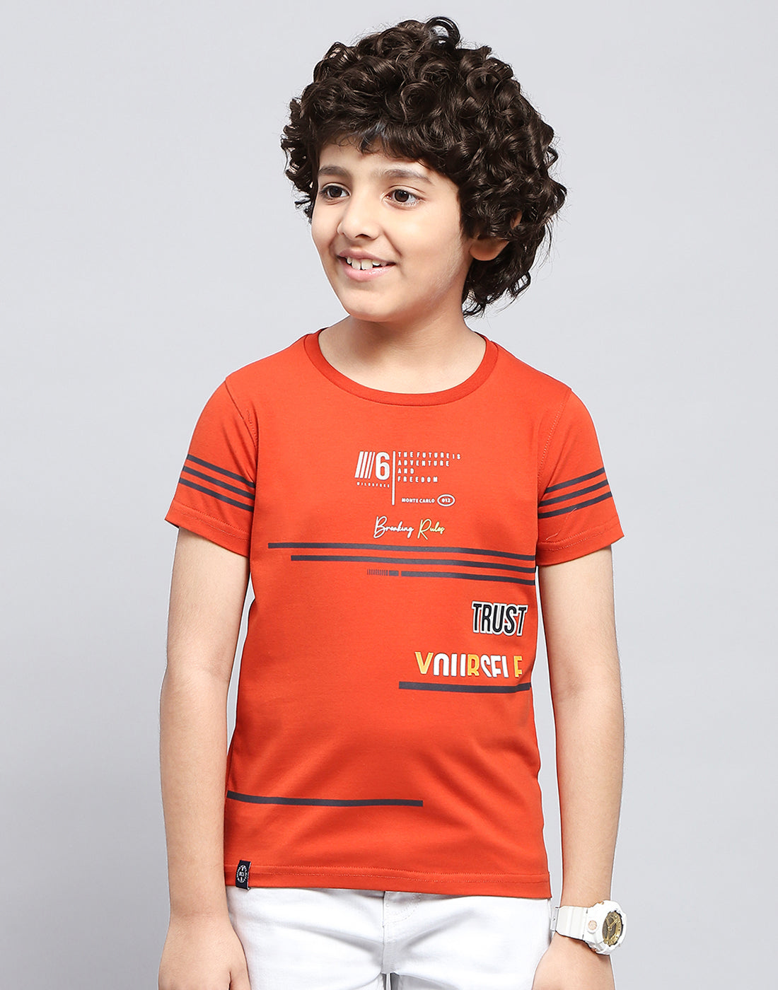 Boys Orange Printed Round Neck Half Sleeve T-Shirt