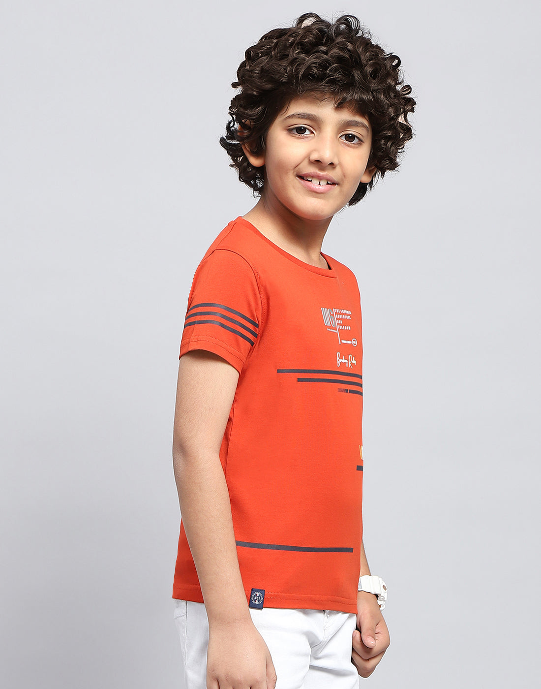 Boys Orange Printed Round Neck Half Sleeve T-Shirt