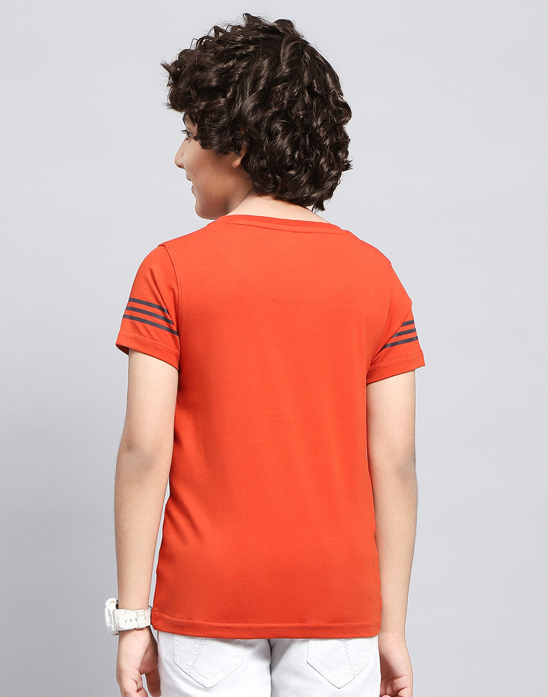 Boys Orange Printed Round Neck Half Sleeve T-Shirt