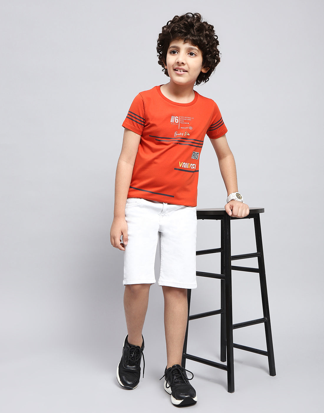 Boys Orange Printed Round Neck Half Sleeve T-Shirt