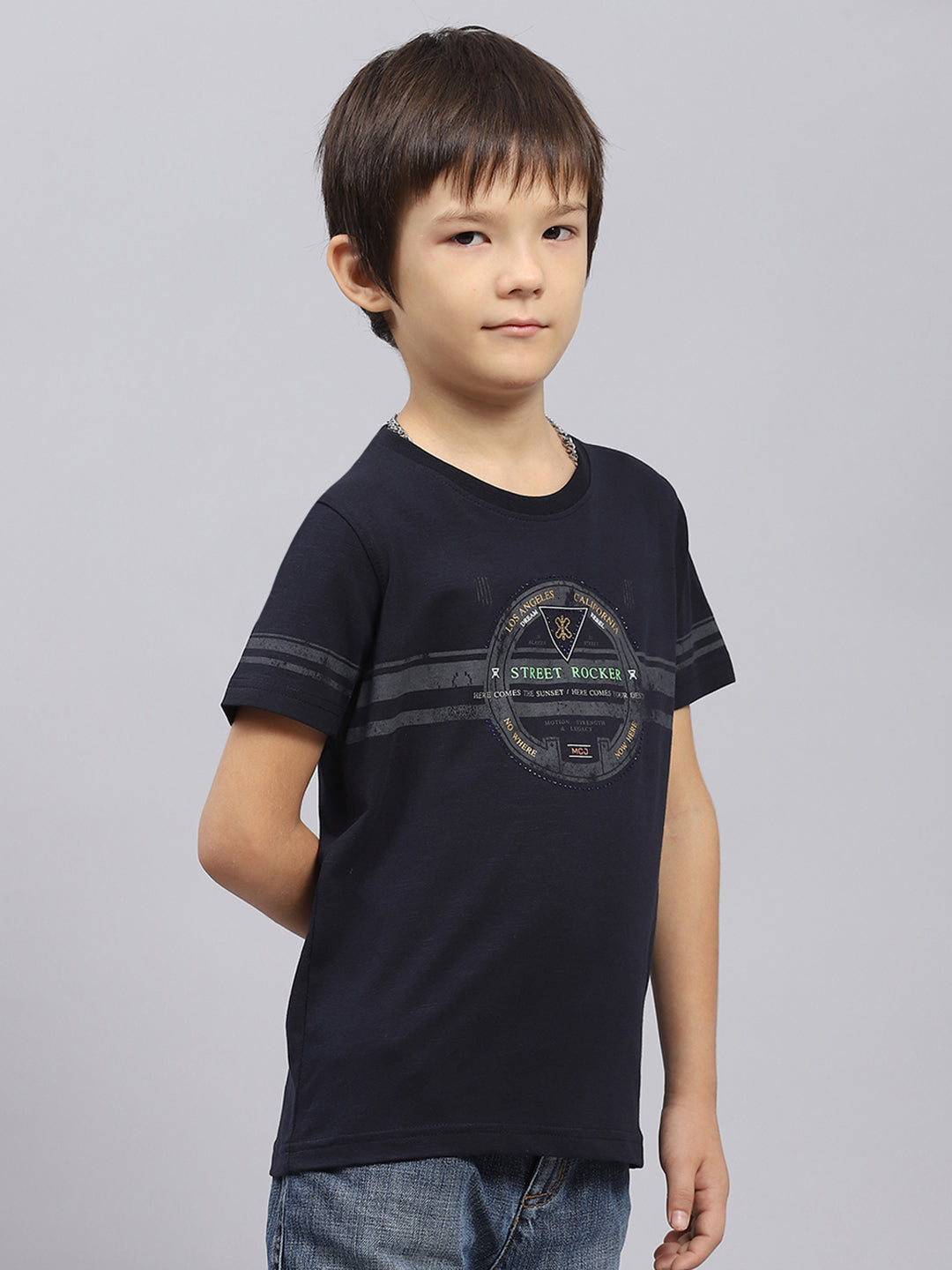 Boys Navy Blue Self Design Round Neck Half Sleeve T-Shirt