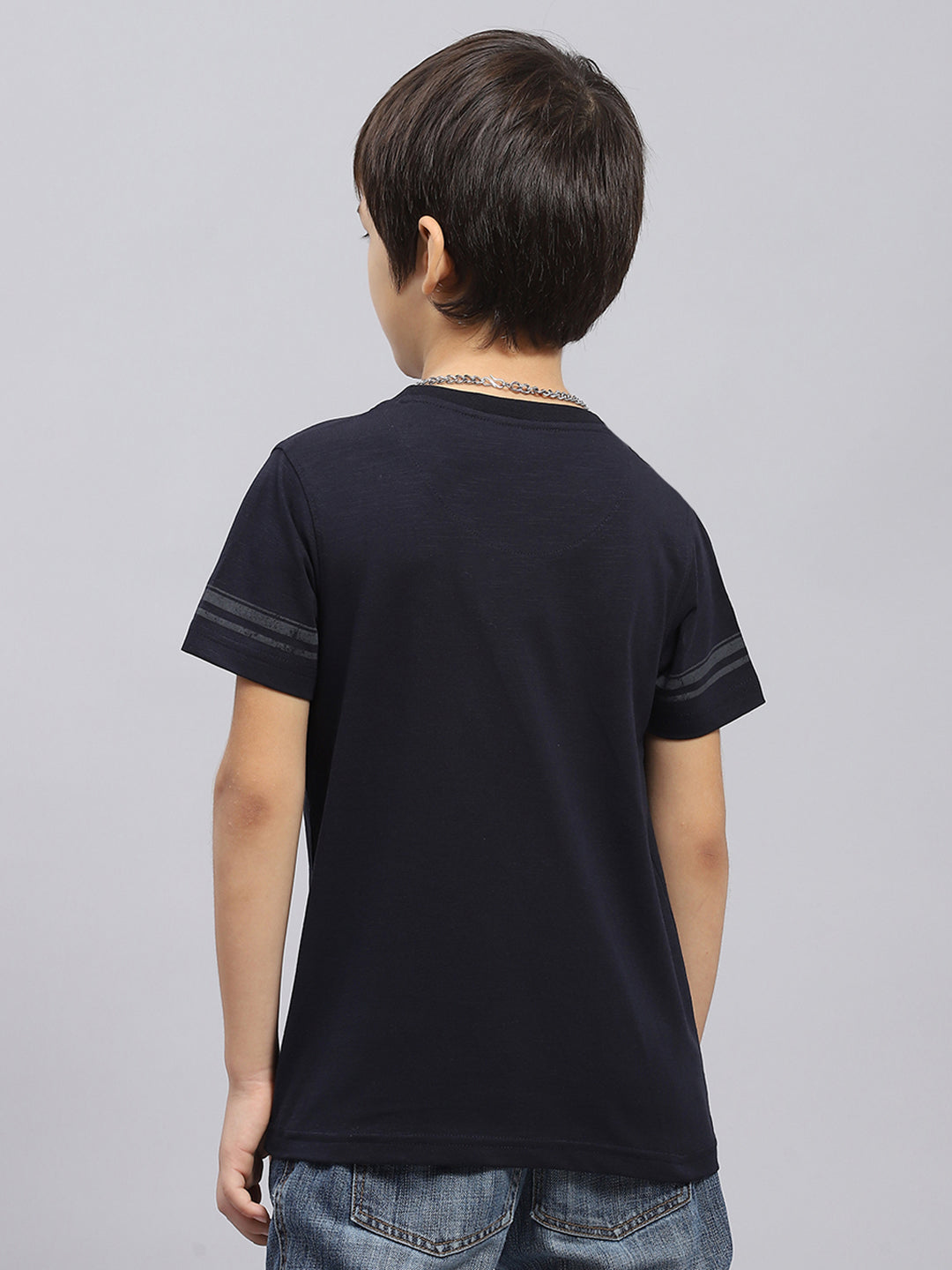 Boys Navy Blue Self Design Round Neck Half Sleeve T-Shirt