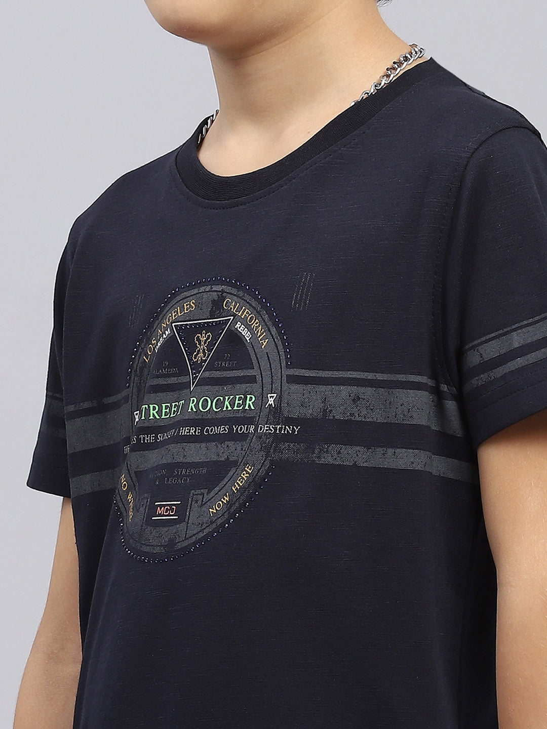 Boys Navy Blue Self Design Round Neck Half Sleeve T-Shirt