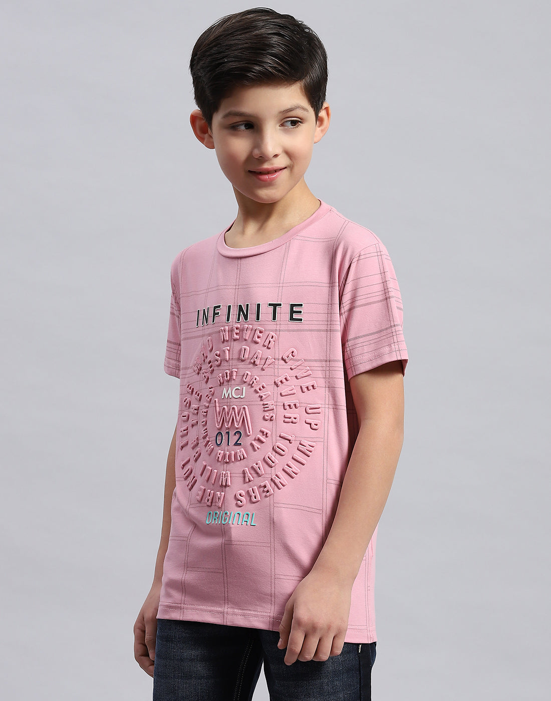 Boys Pink Printed Round Neck Half Sleeve T-Shirt