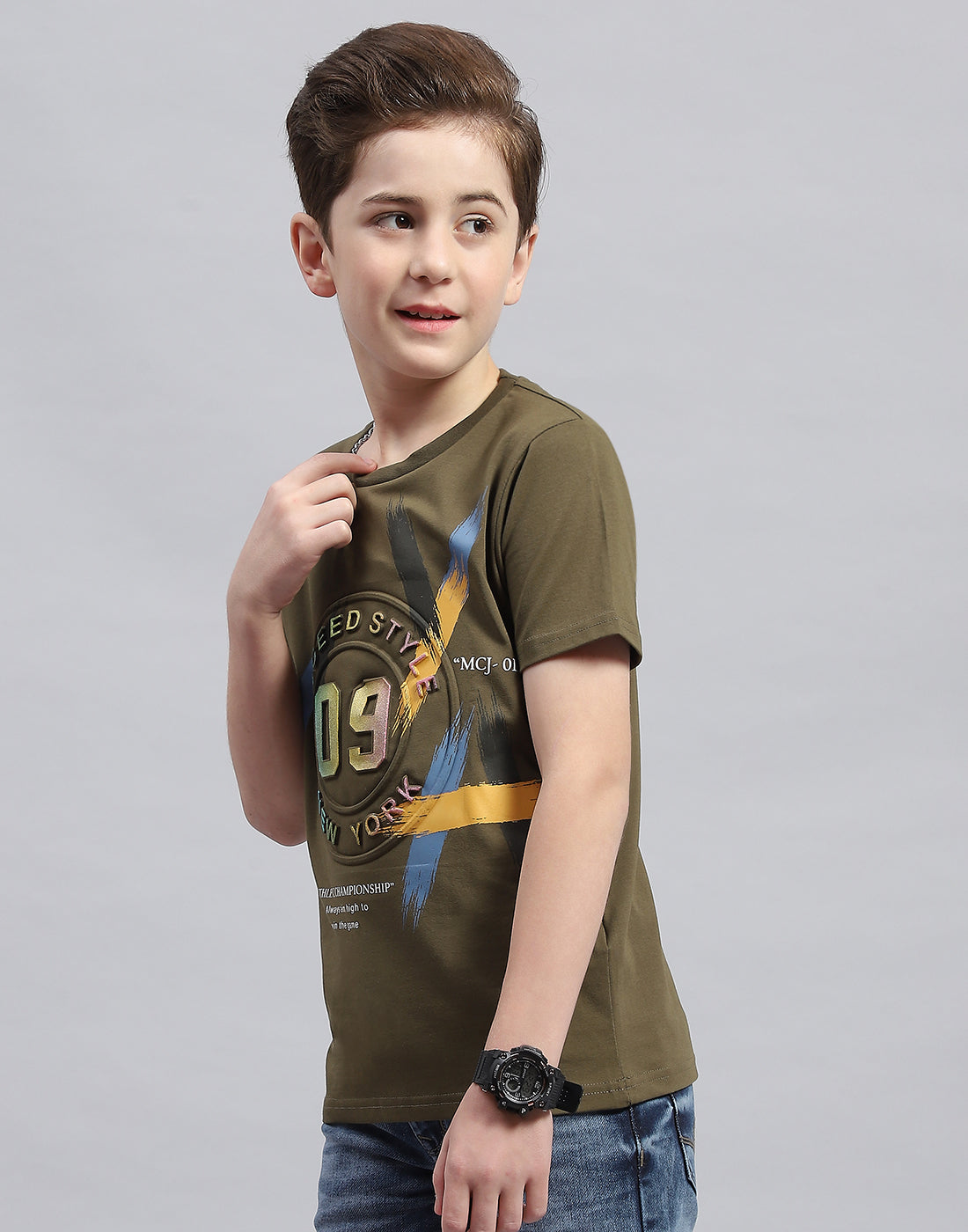 Boys Olive Printed Round Neck Half Sleeve T-Shirt