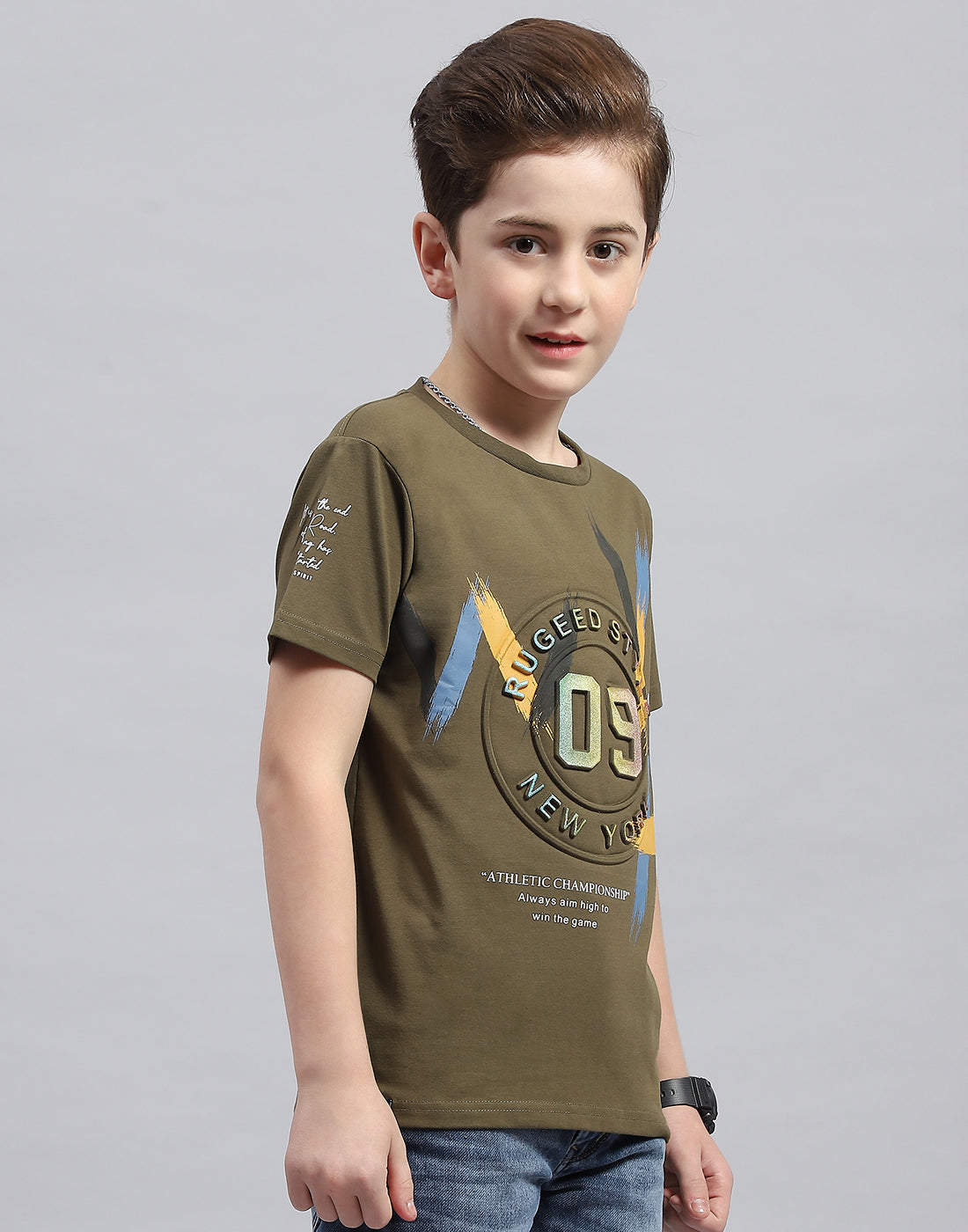 Boys Olive Printed Round Neck Half Sleeve T-Shirt