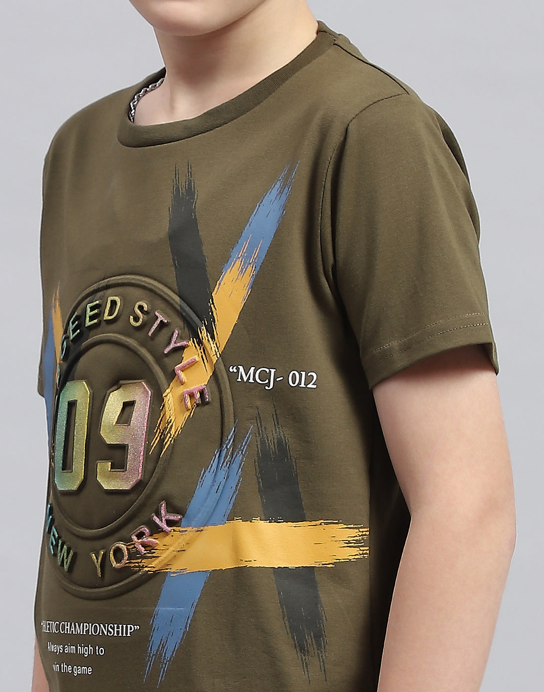 Boys Olive Printed Round Neck Half Sleeve T-Shirt