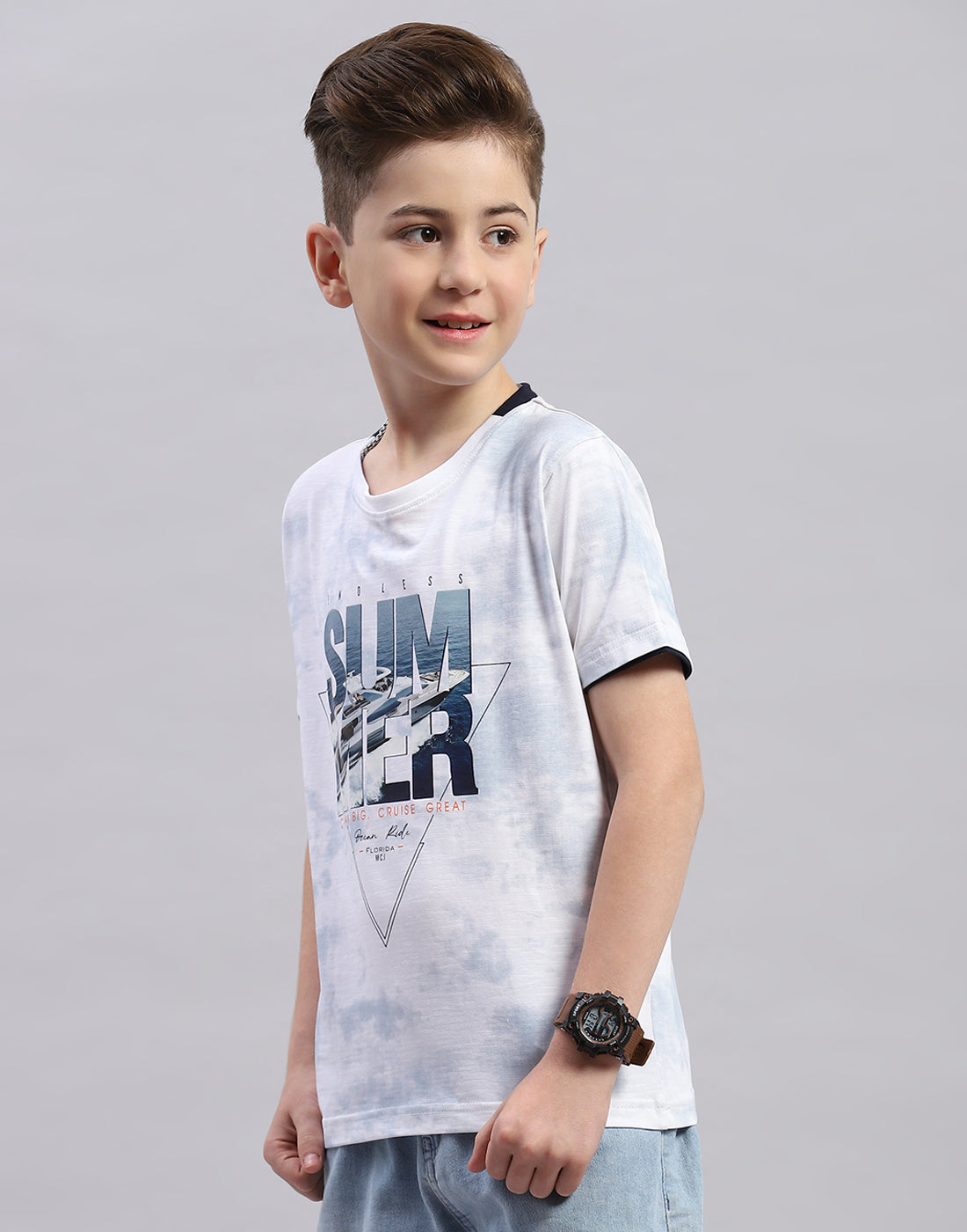 Boys Off White Printed Round Neck Half Sleeve T-Shirt