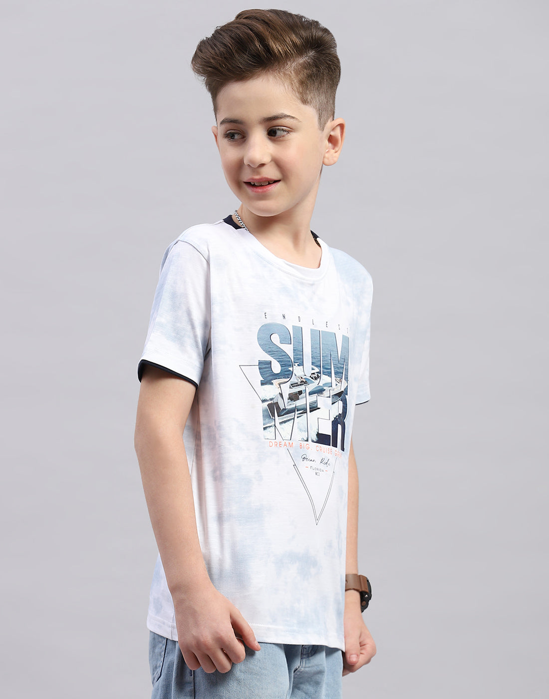 Boys Off White Printed Round Neck Half Sleeve T-Shirt