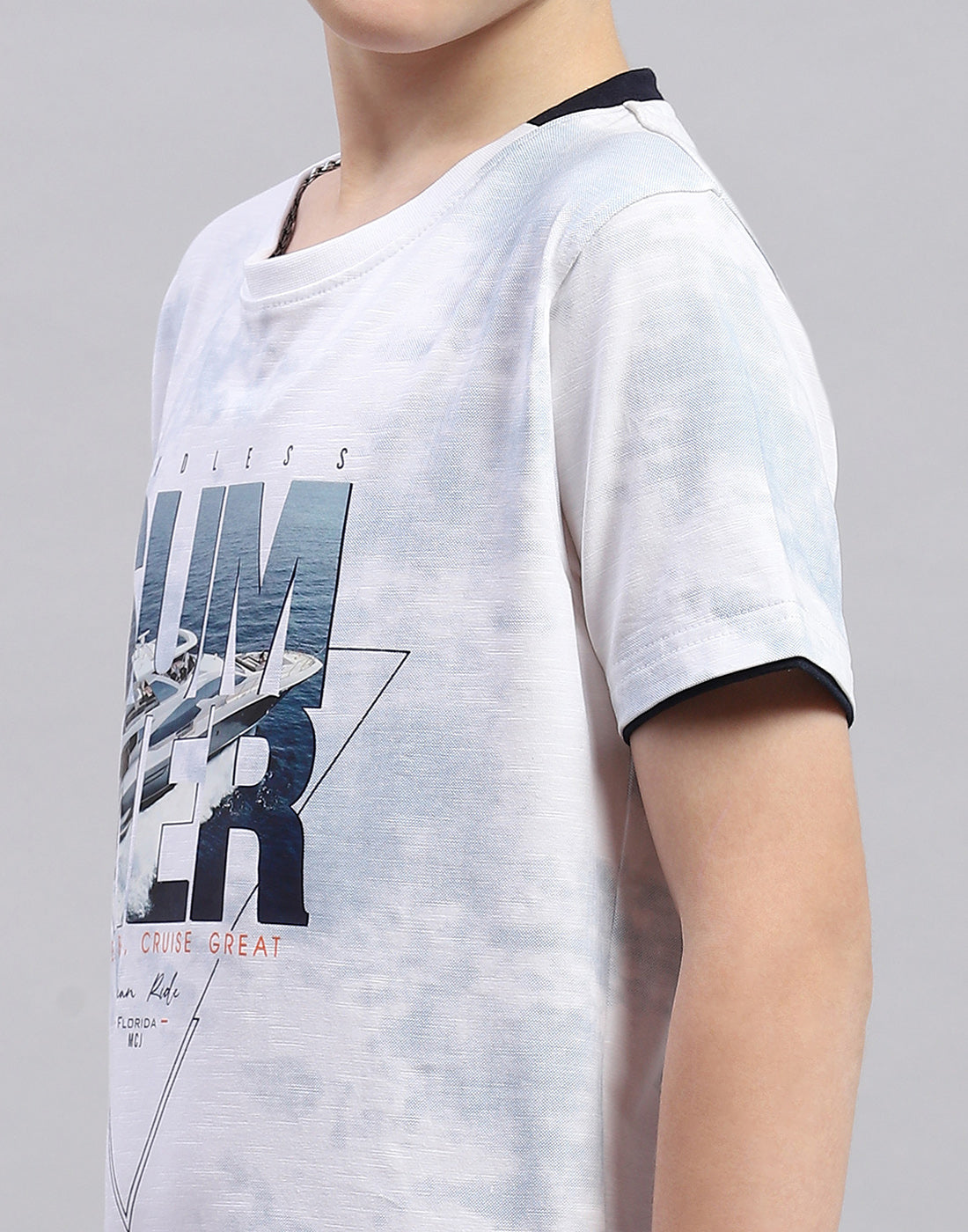 Boys Off White Printed Round Neck Half Sleeve T-Shirt