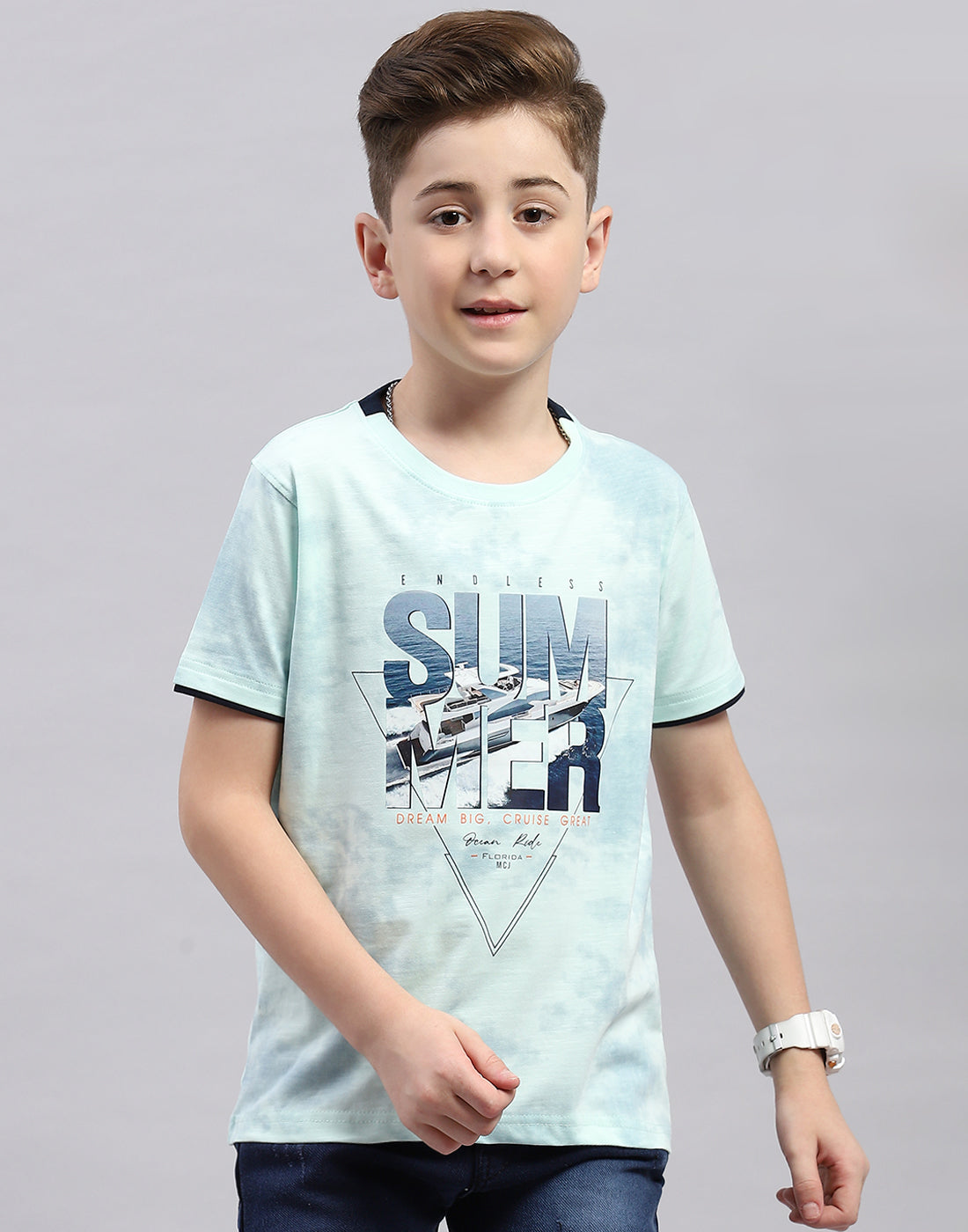 Boys Blue Printed Round Neck Half Sleeve T-Shirt