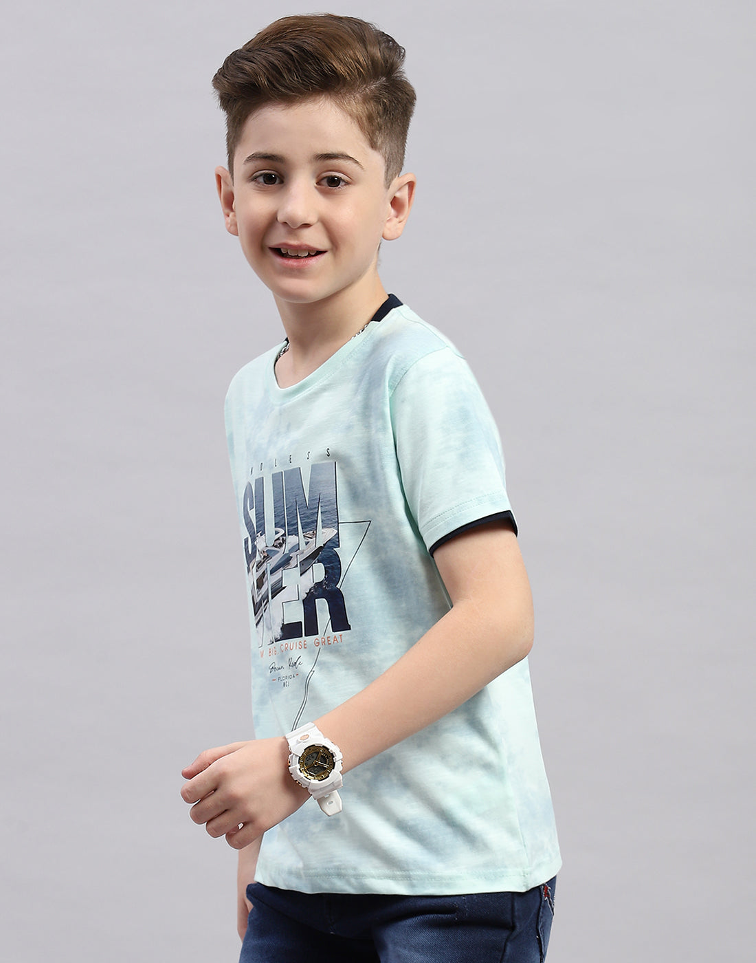 Boys Blue Printed Round Neck Half Sleeve T-Shirt