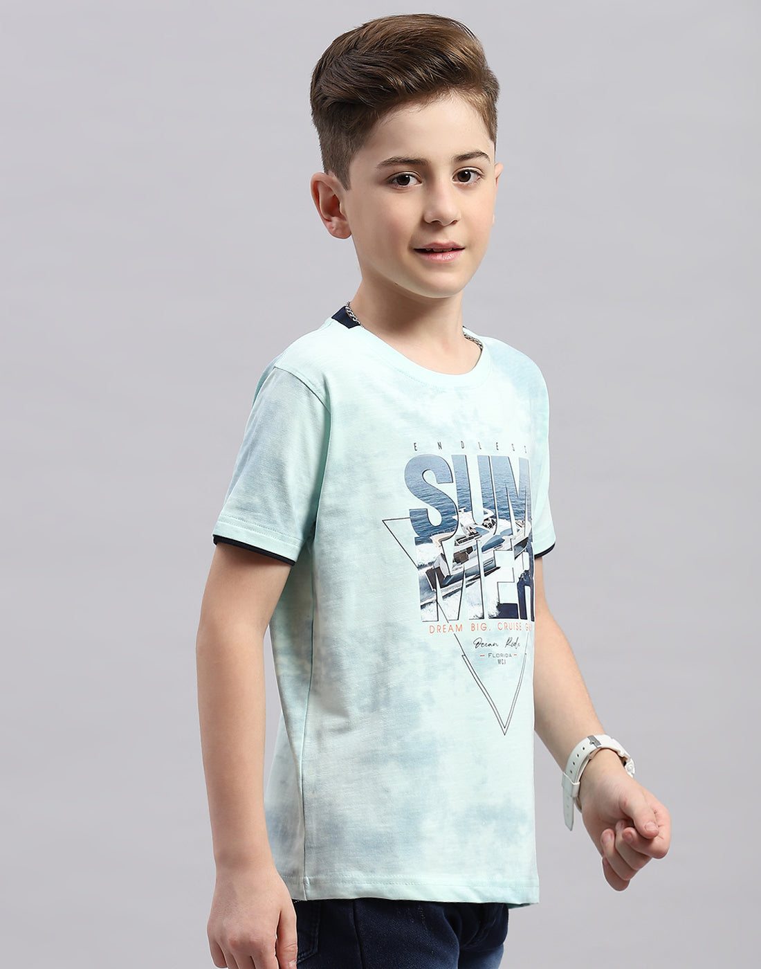 Boys Blue Printed Round Neck Half Sleeve T-Shirt