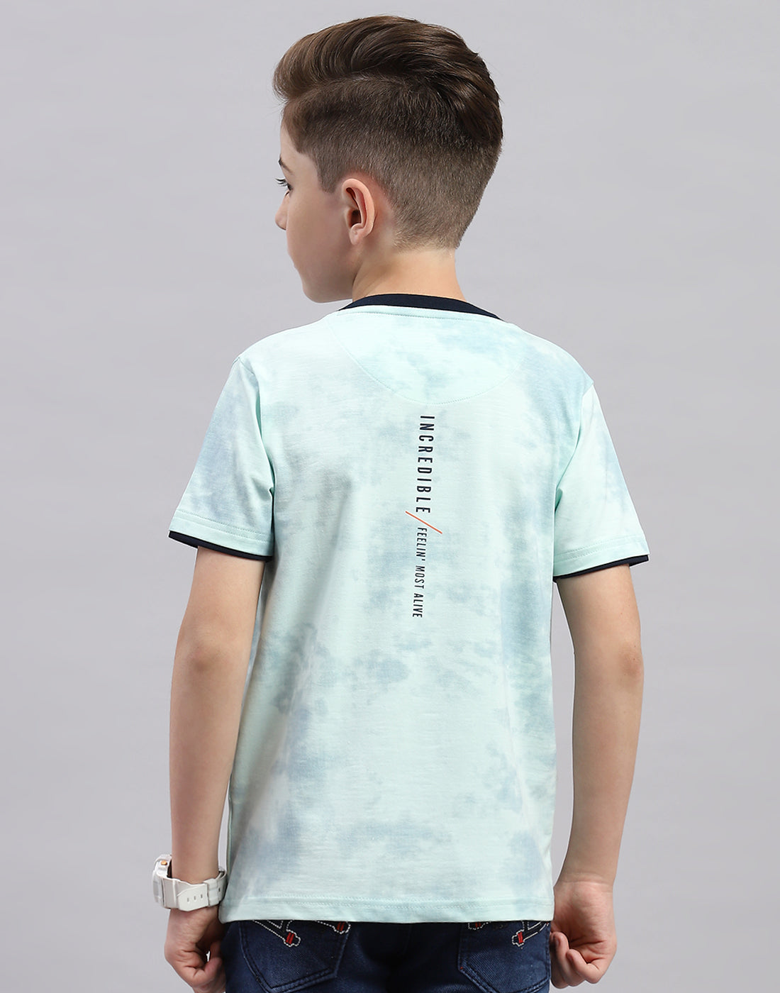 Boys Blue Printed Round Neck Half Sleeve T-Shirt