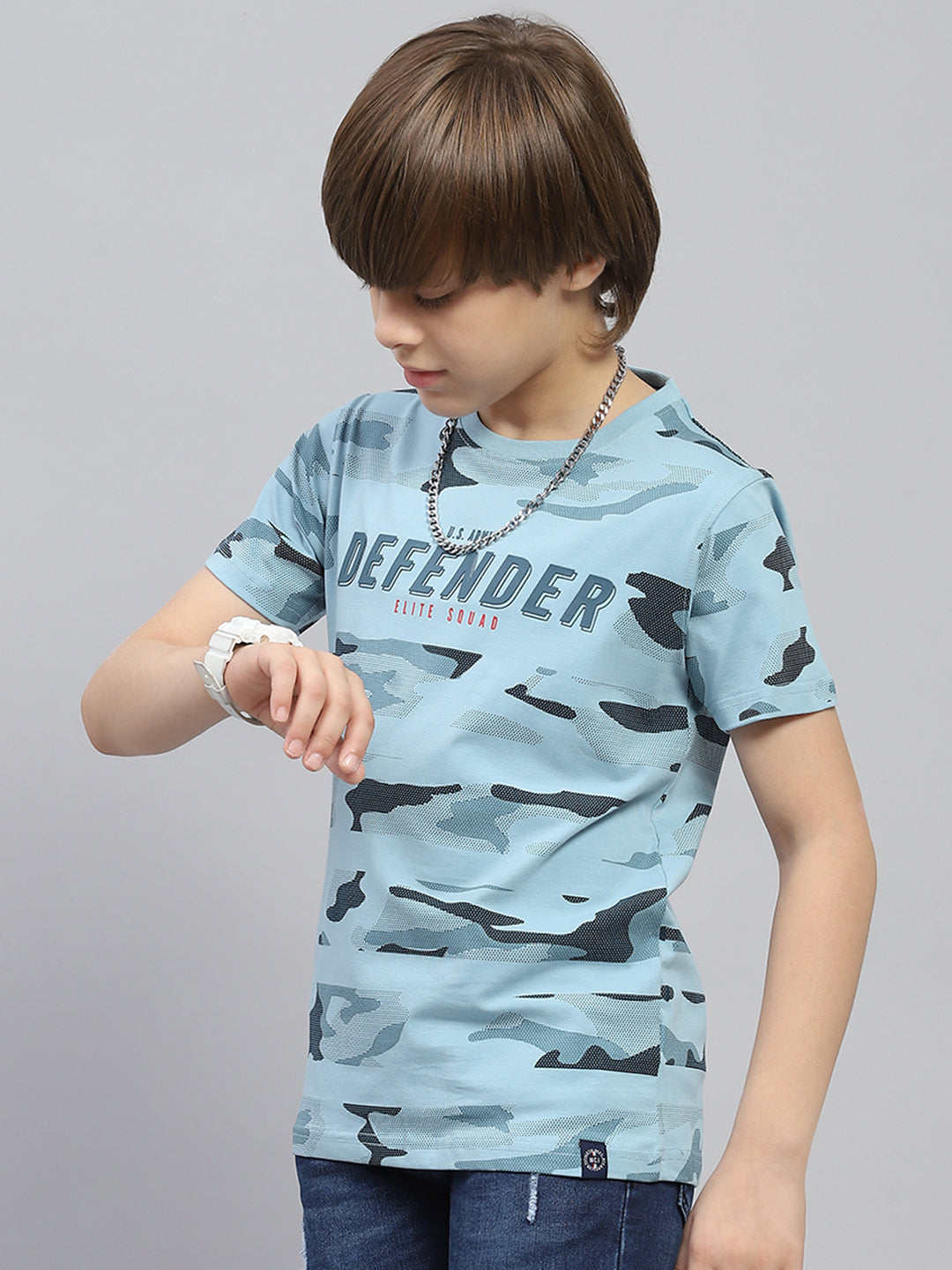 Boys Blue Printed Round Neck Half Sleeve T-Shirt