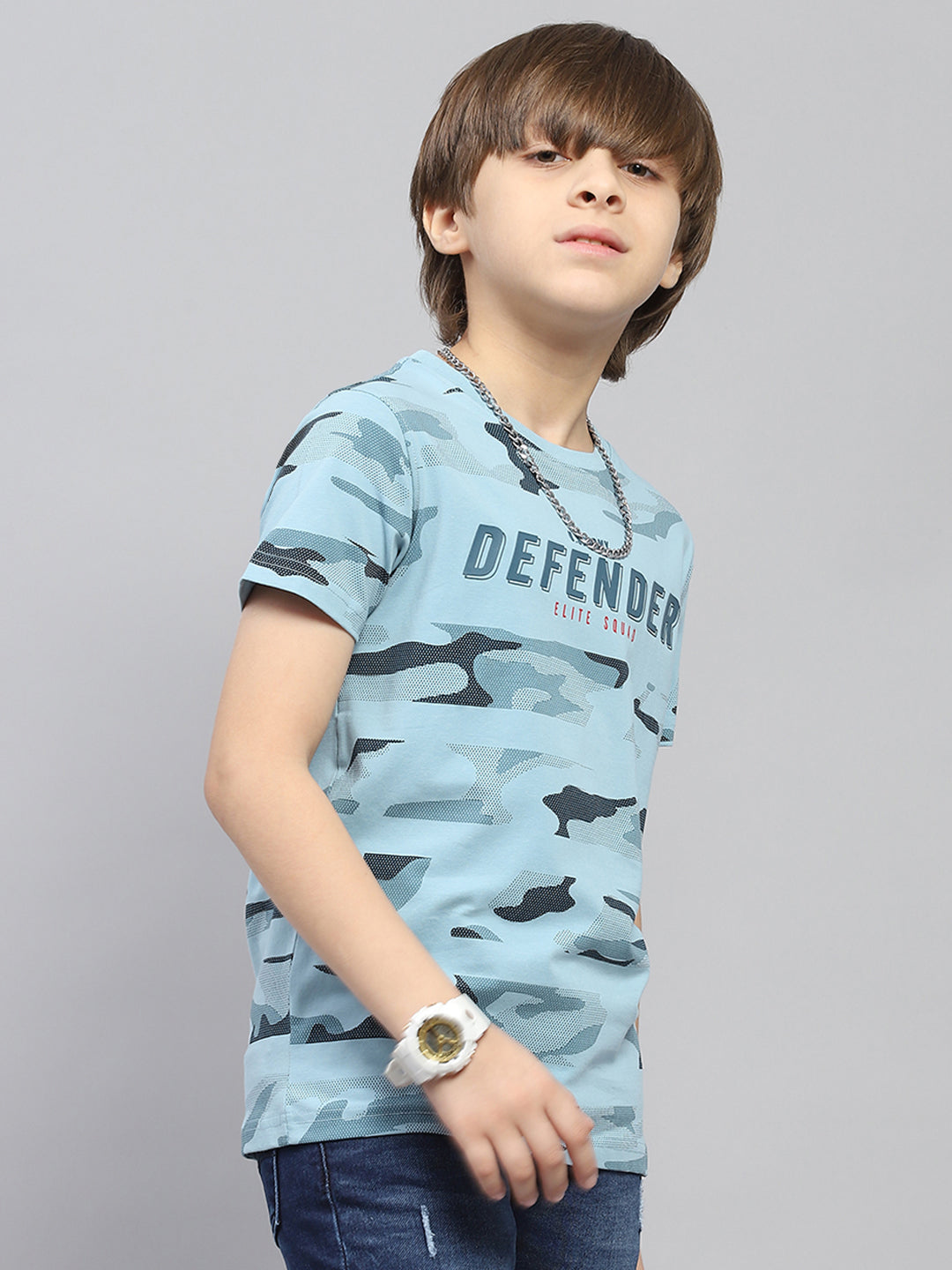 Boys Blue Printed Round Neck Half Sleeve T-Shirt