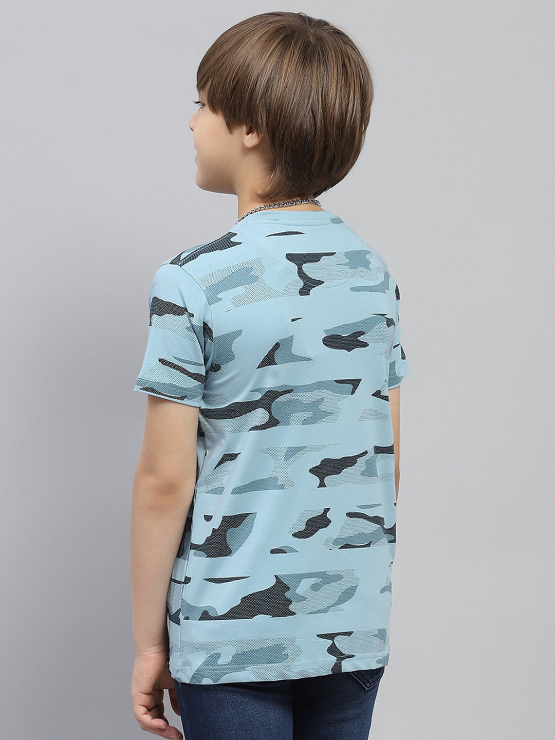 Boys Blue Printed Round Neck Half Sleeve T-Shirt