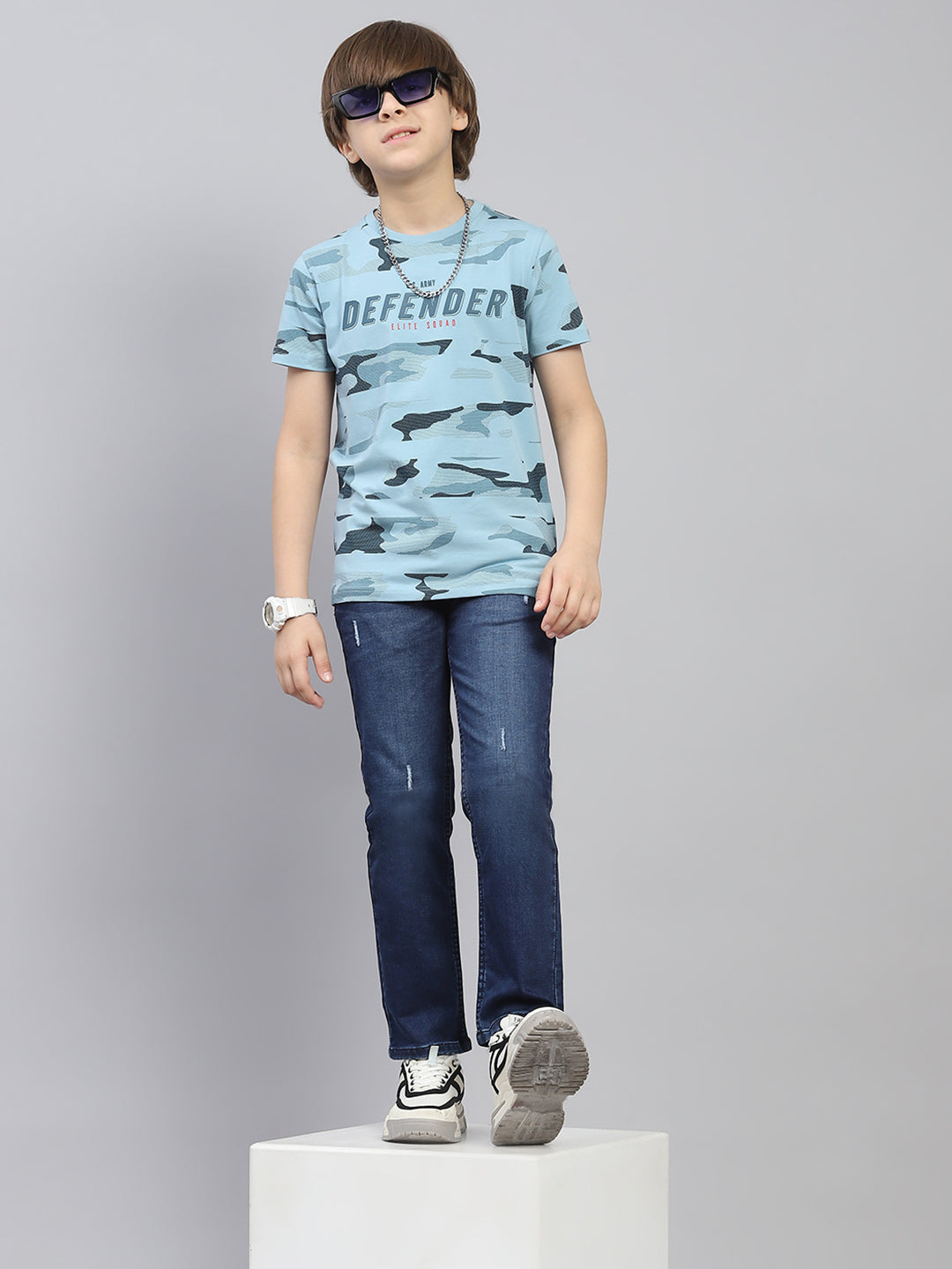 Boys Blue Printed Round Neck Half Sleeve T-Shirt