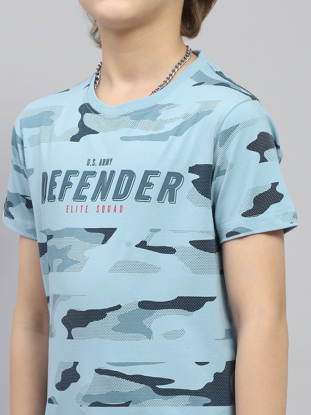 Boys Blue Printed Round Neck Half Sleeve T-Shirt