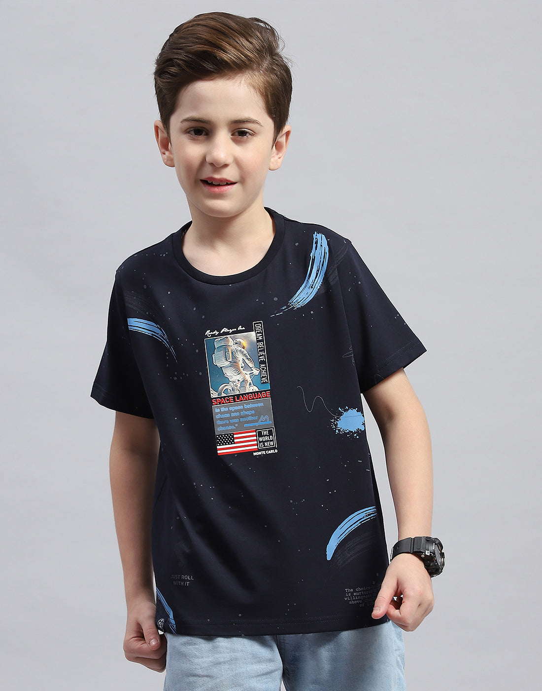 Boys Navy Blue Printed Round Neck Half Sleeve T-Shirt