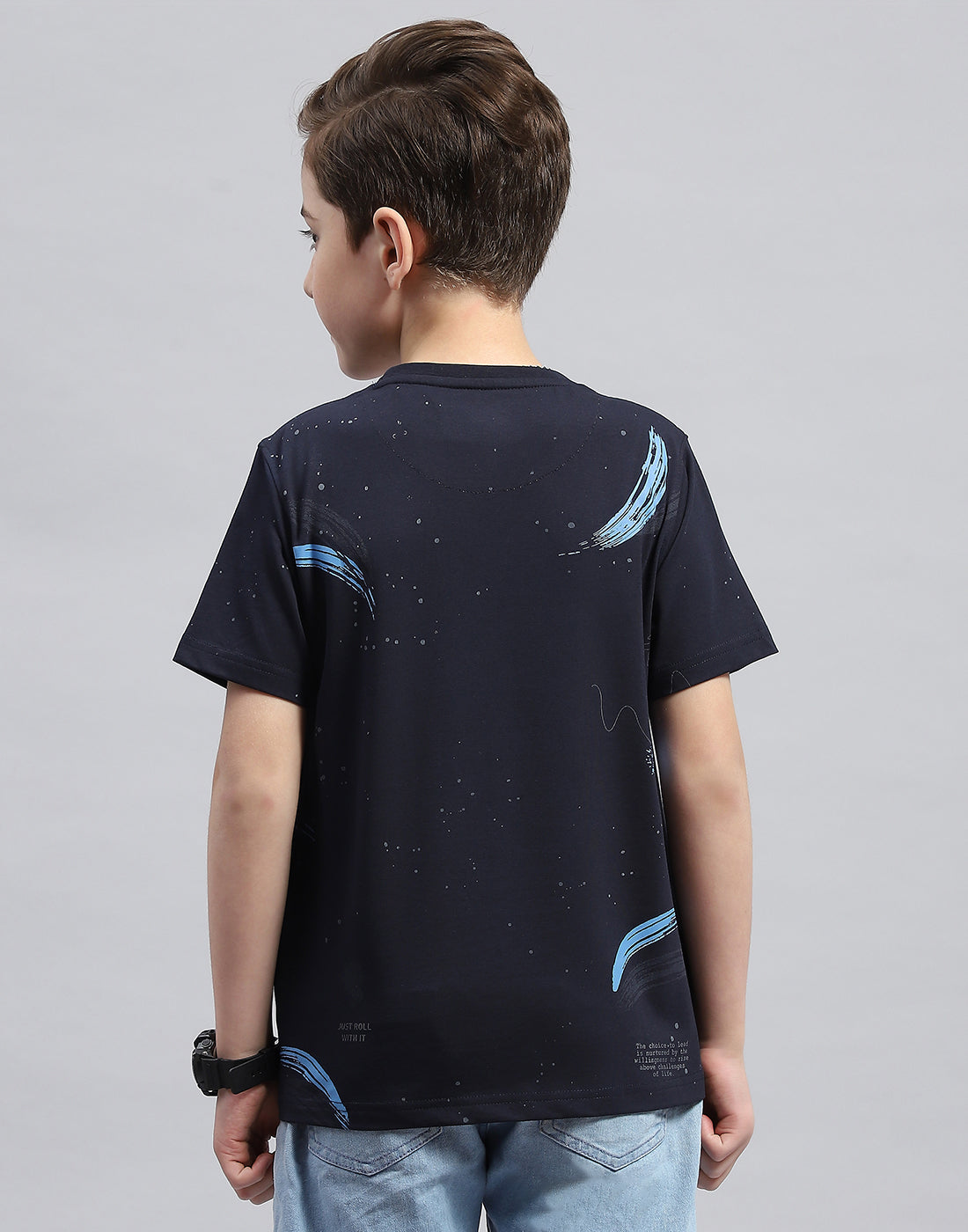 Boys Navy Blue Printed Round Neck Half Sleeve T-Shirt